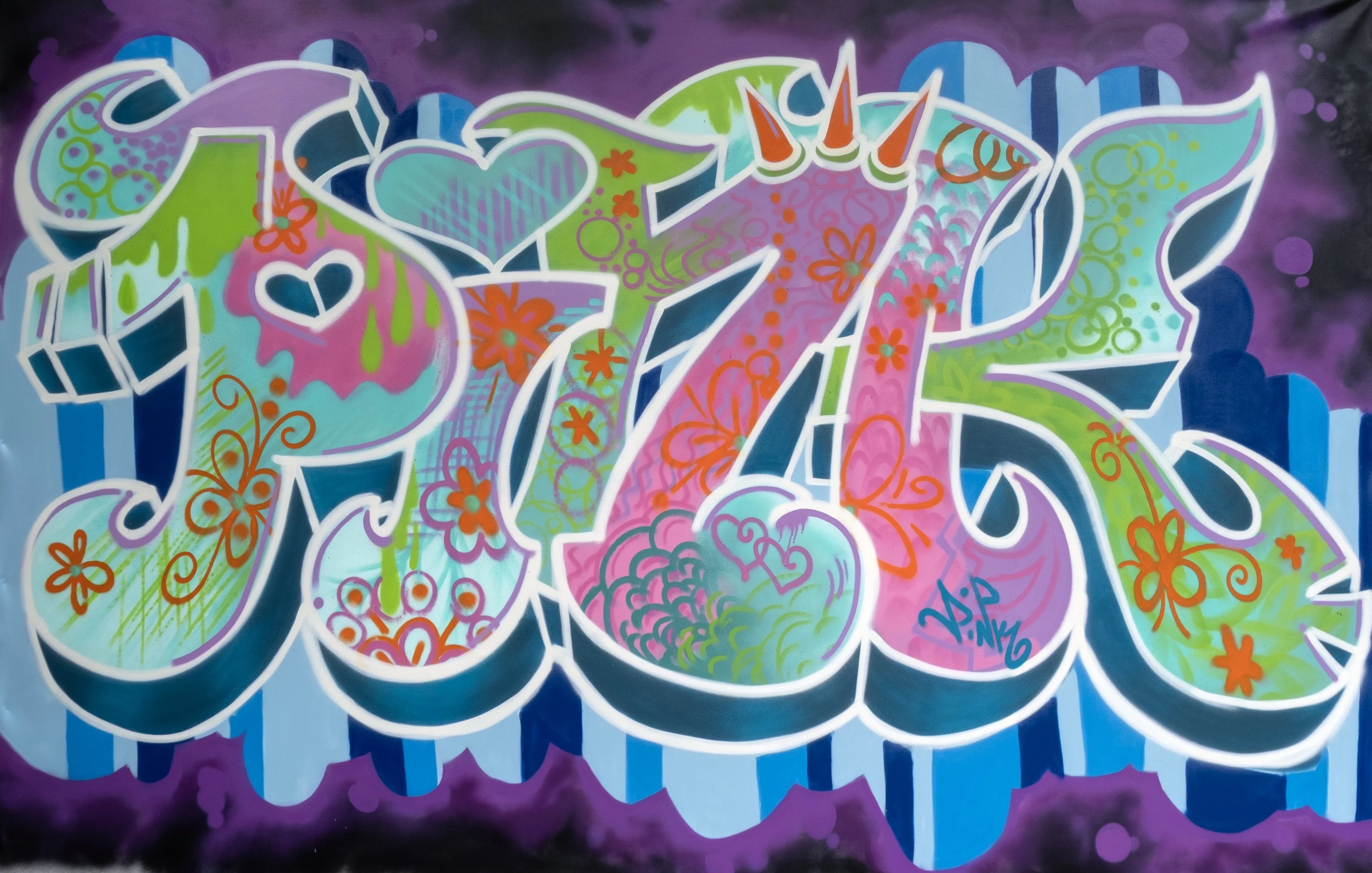 Colourful graffiti letters in green, blue, pink and orange with floral patterns against purple spray-painted background.