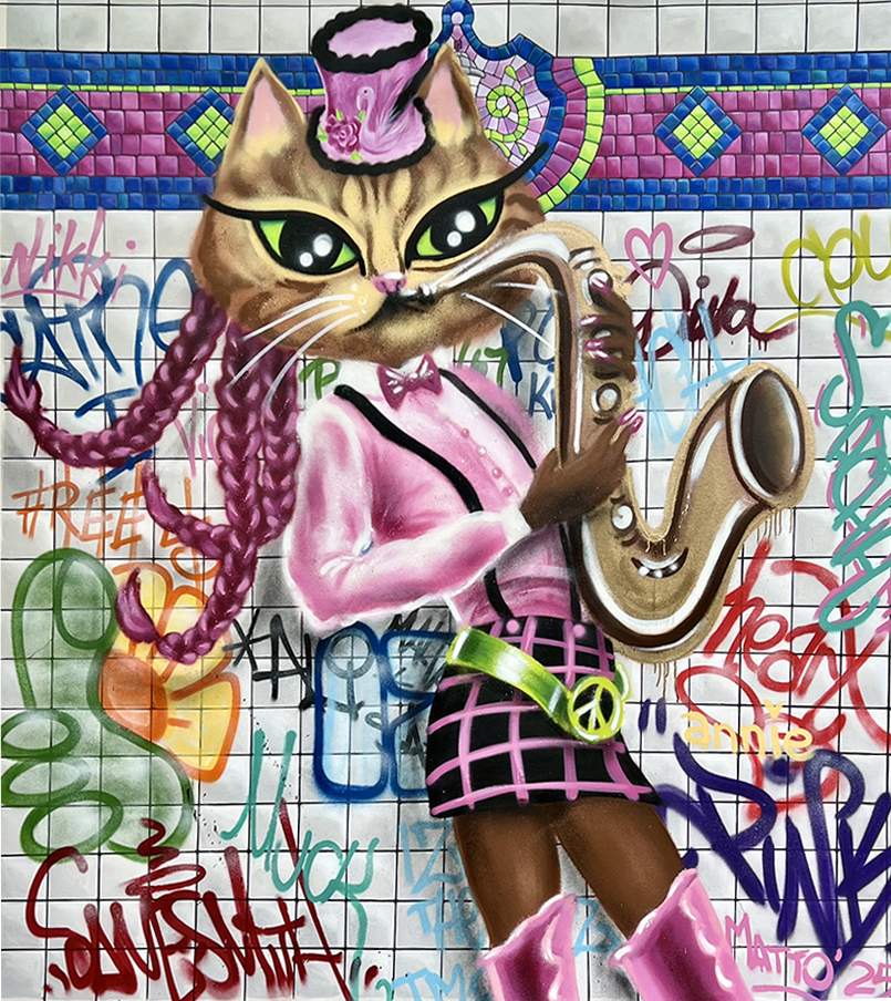 Cartoon cat character in pink hat and outfit holding saxophone, painted on tiled wall with colourful graffiti and geometric patterns.