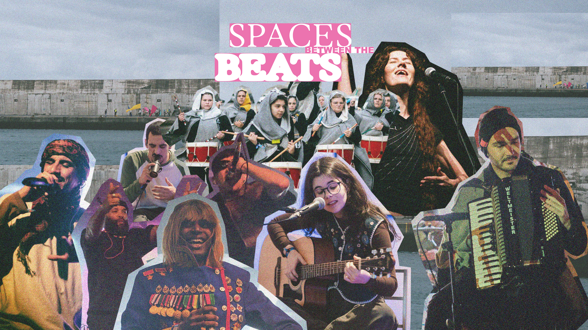 Vibrant poster featuring a group of musicians and performers, with the text "SPACES BETWEEN THE BEATS" prominently displayed.
