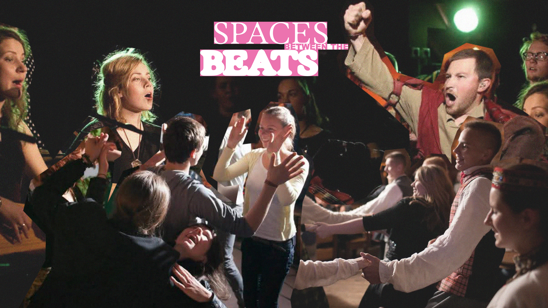 Group of people dancing at a live music performance, with a large "Spaces Beats" sign in the background.