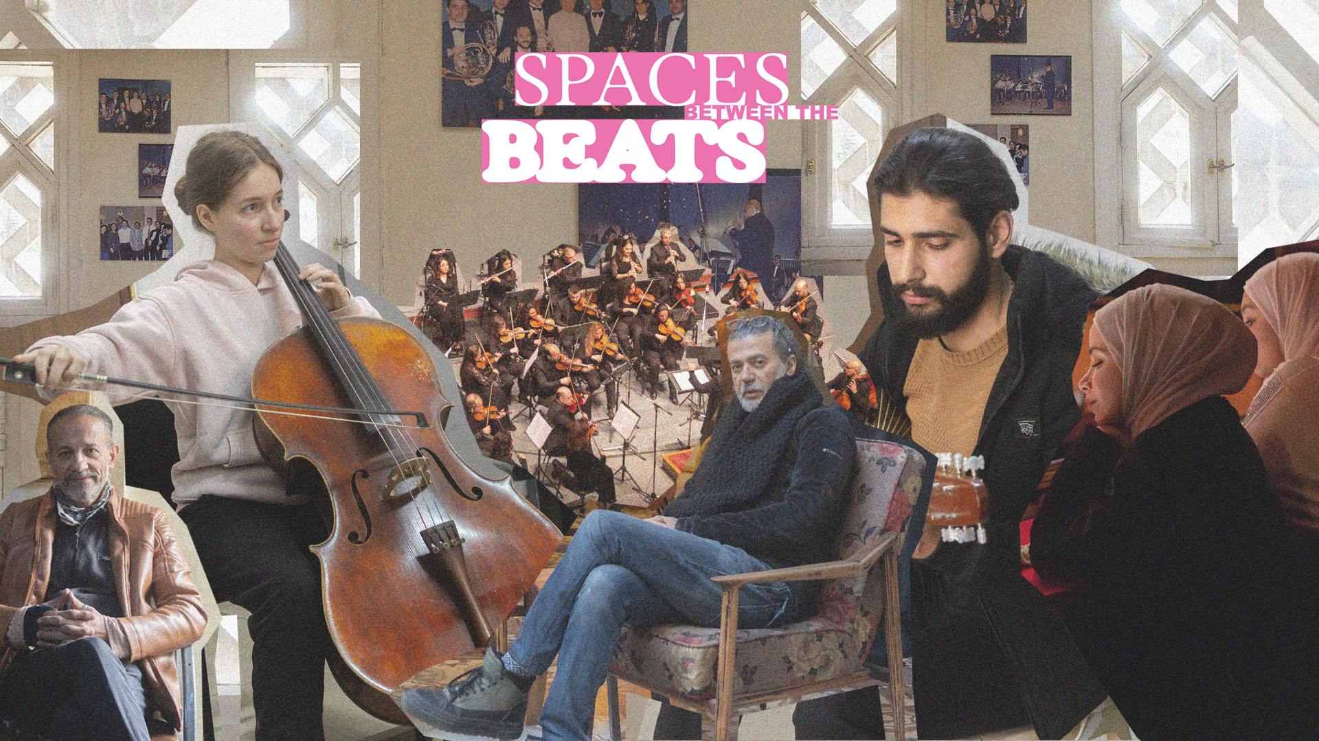 Cello player and bearded man seated with text 'Spaces Between the Beats' in the background.