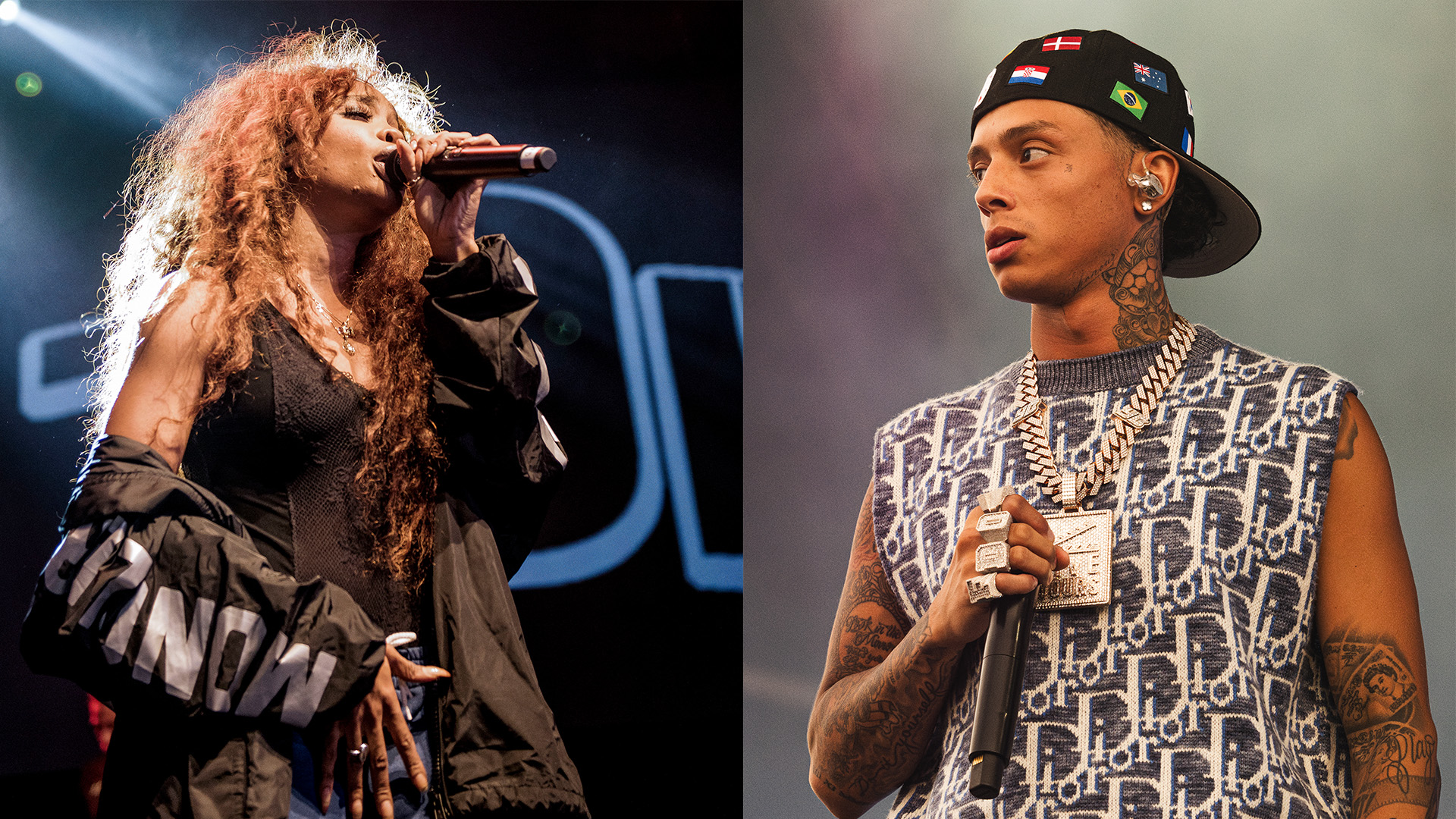 Two performers on stage: left shows woman with curly blonde hair singing into microphone wearing black outfit; right shows man in backwards cap and patterned vest holding microphone.