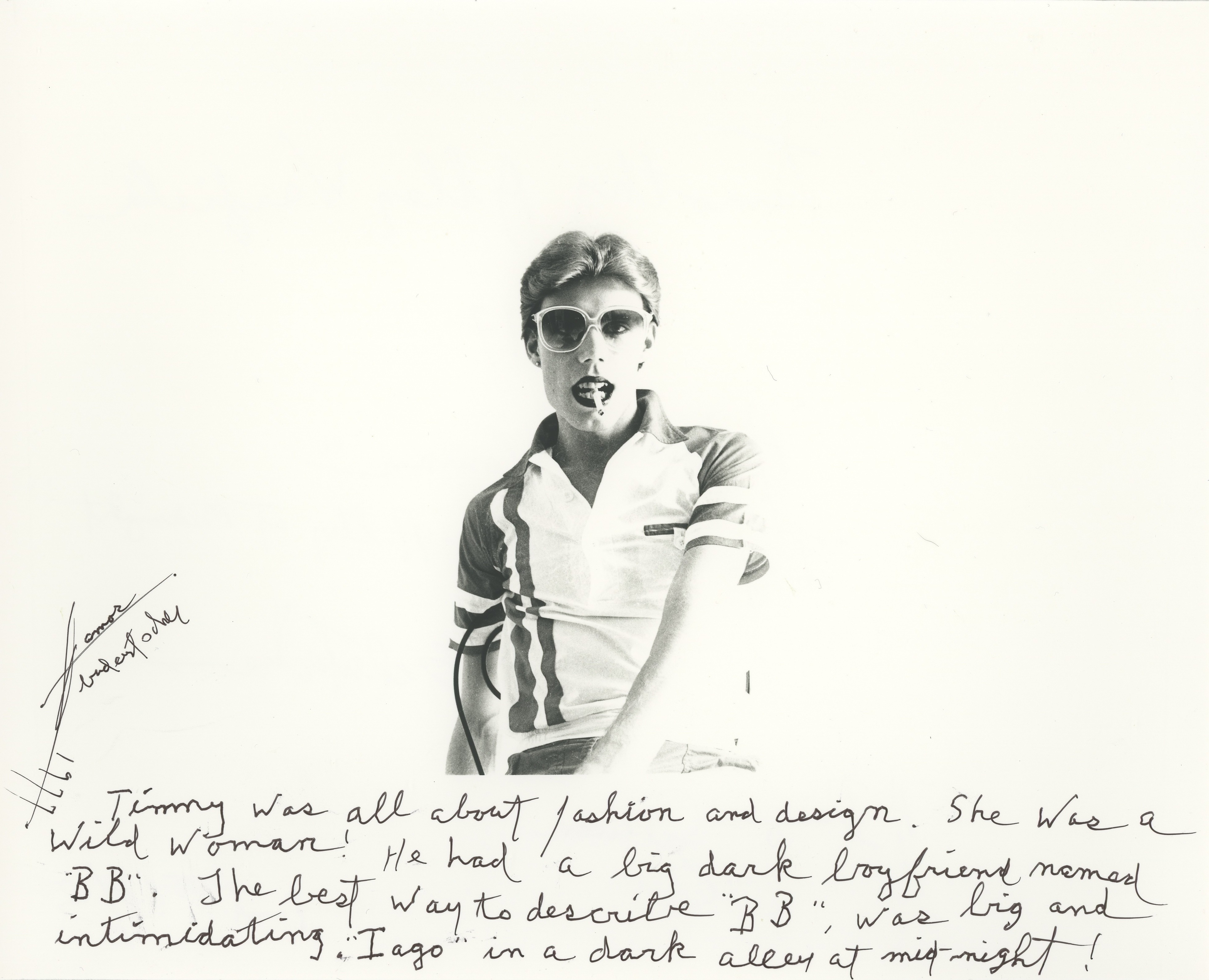 Black and white portrait sketch of person wearing sunglasses and striped top, with handwritten text below in cursive script on cream background.