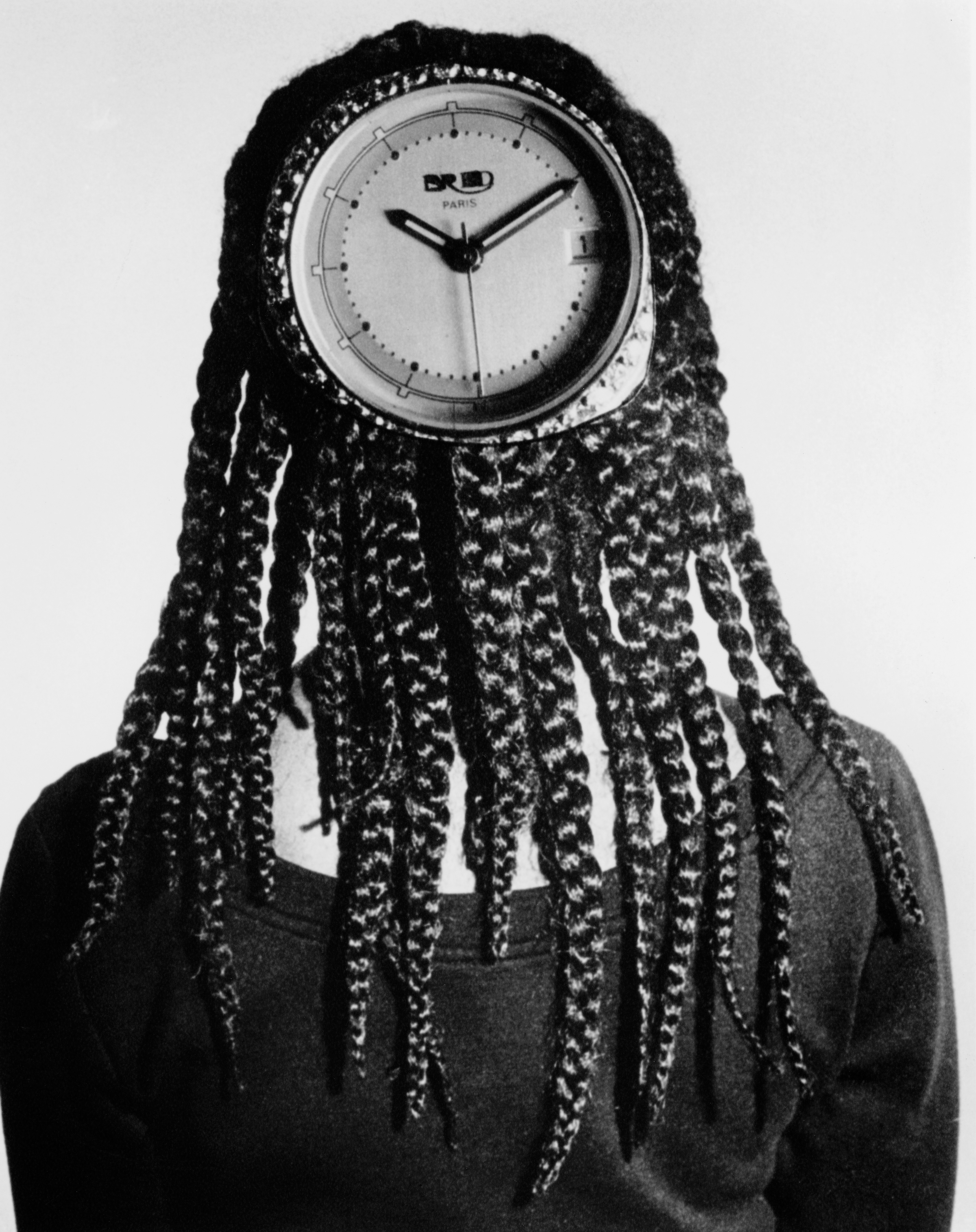 Black and white image of person with braided hair, large circular clock replacing their face, showing clock hands and dial.