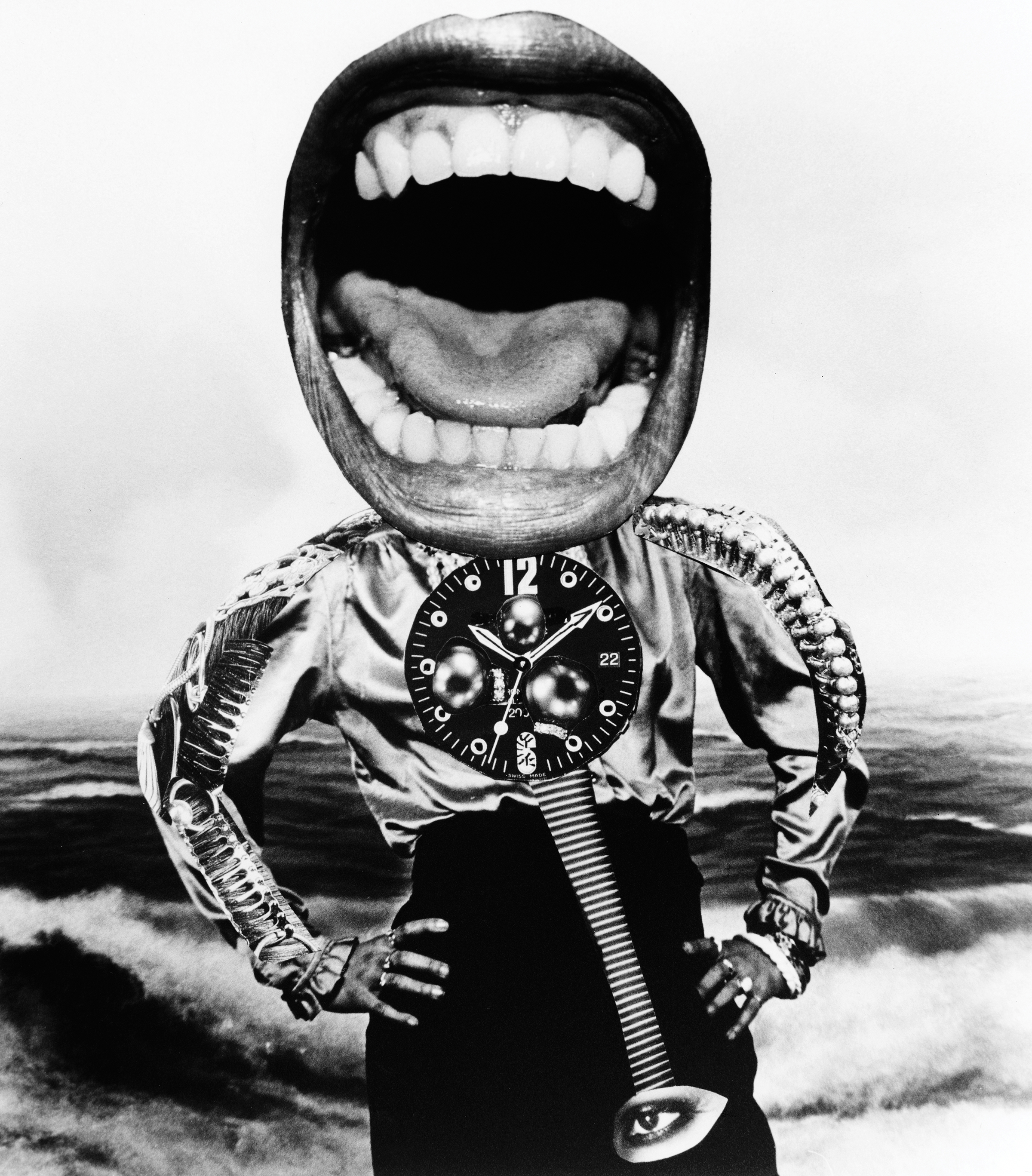 Black and white image of person in diving suit with oversized open mouth replacing head, showing teeth and tongue.