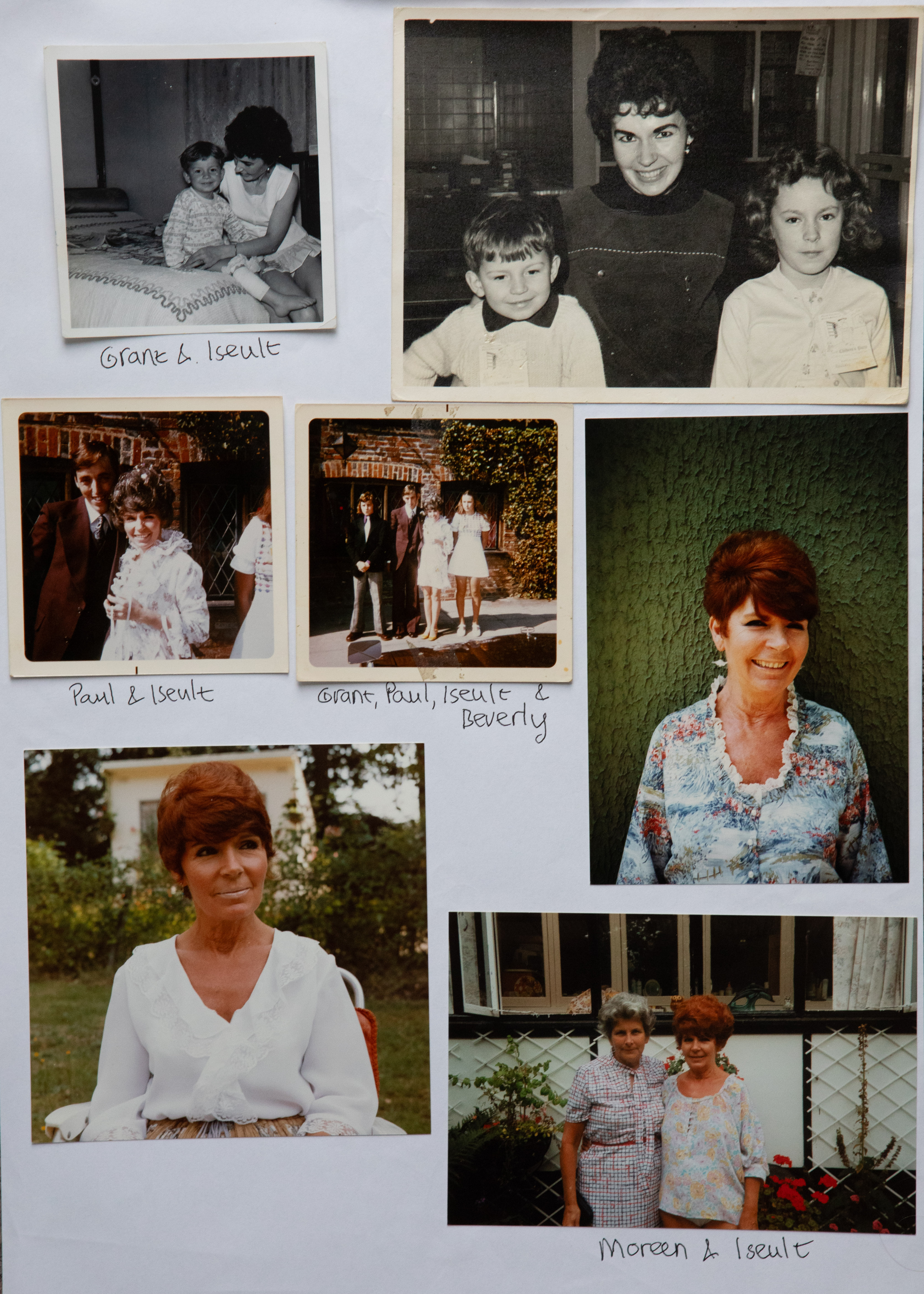 Collection of family photographs showing various people across different time periods, with handwritten names labelling the subjects.