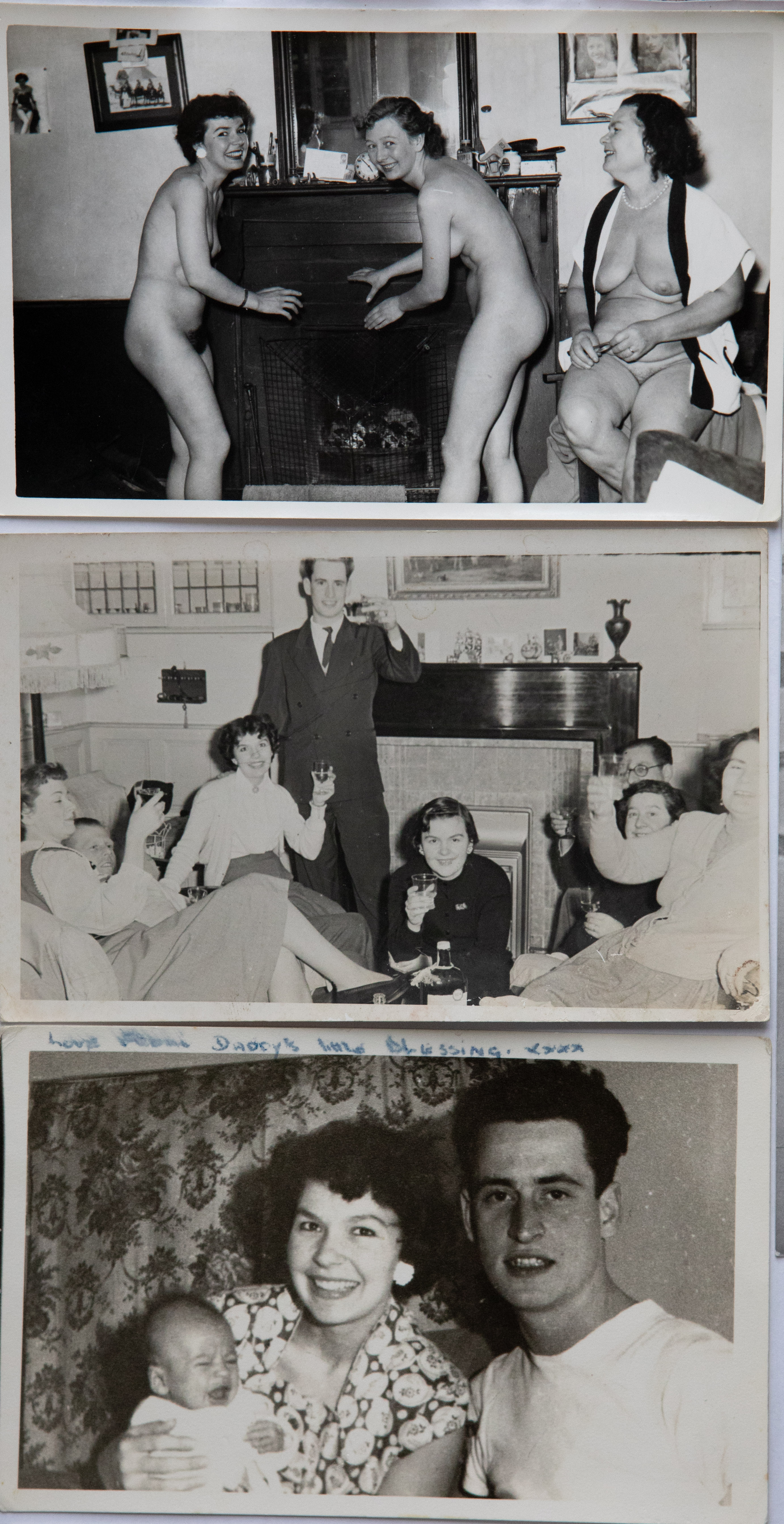 Three vintage black and white photographs: nude women by fireplace, formal dinner party with suited man, and family portrait with baby.