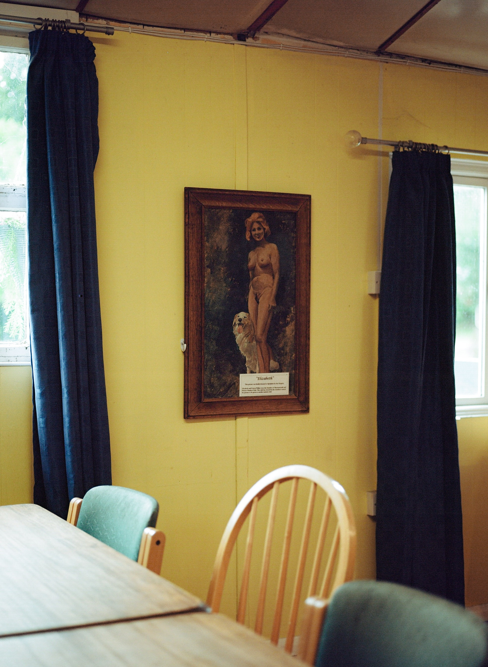 Yellow dining room wall with framed portrait, dark curtains flanking windows, wooden table with white chair and mint green chairs visible.