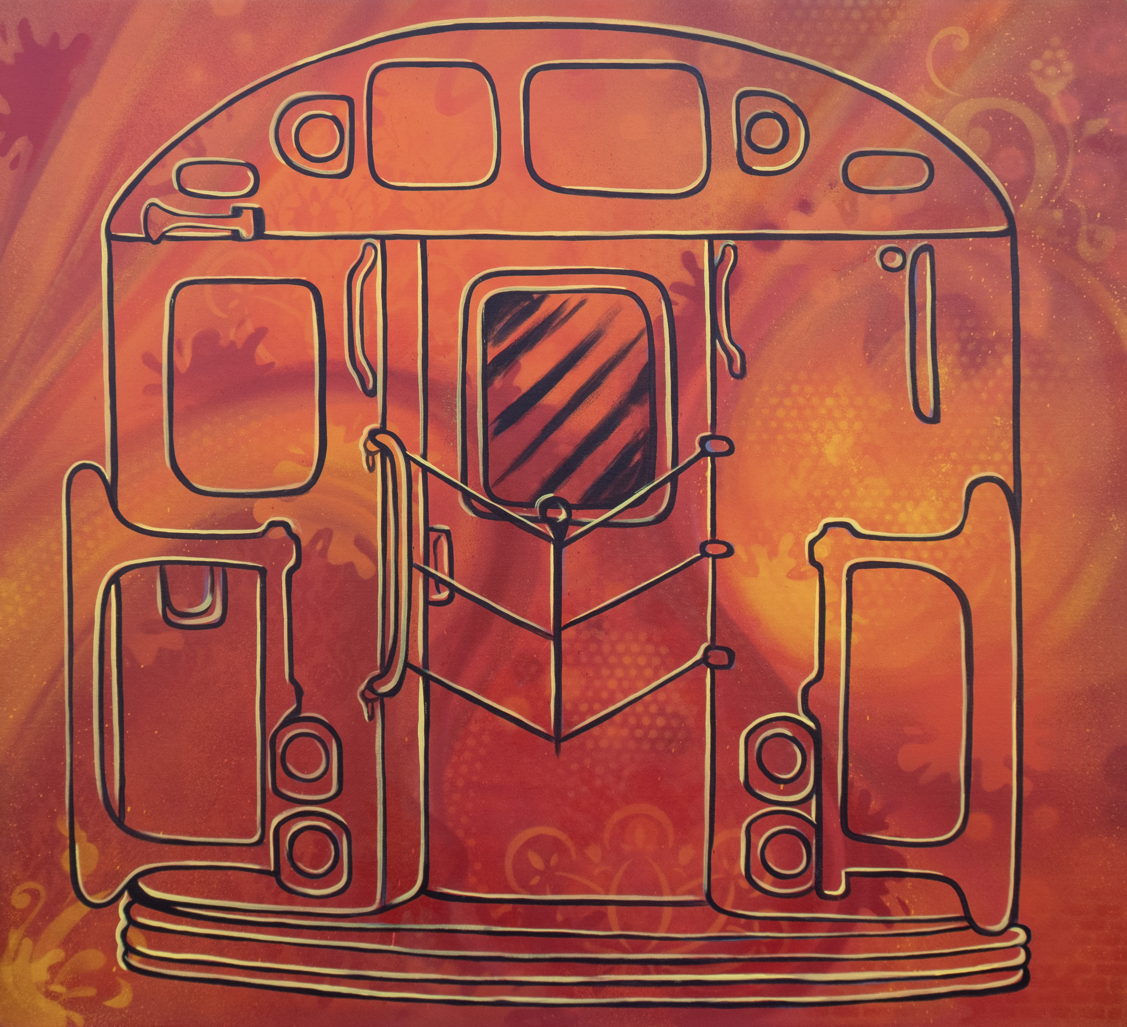 Orange and red gradient illustration of London Underground train front view with geometric line work and circular wheel elements.