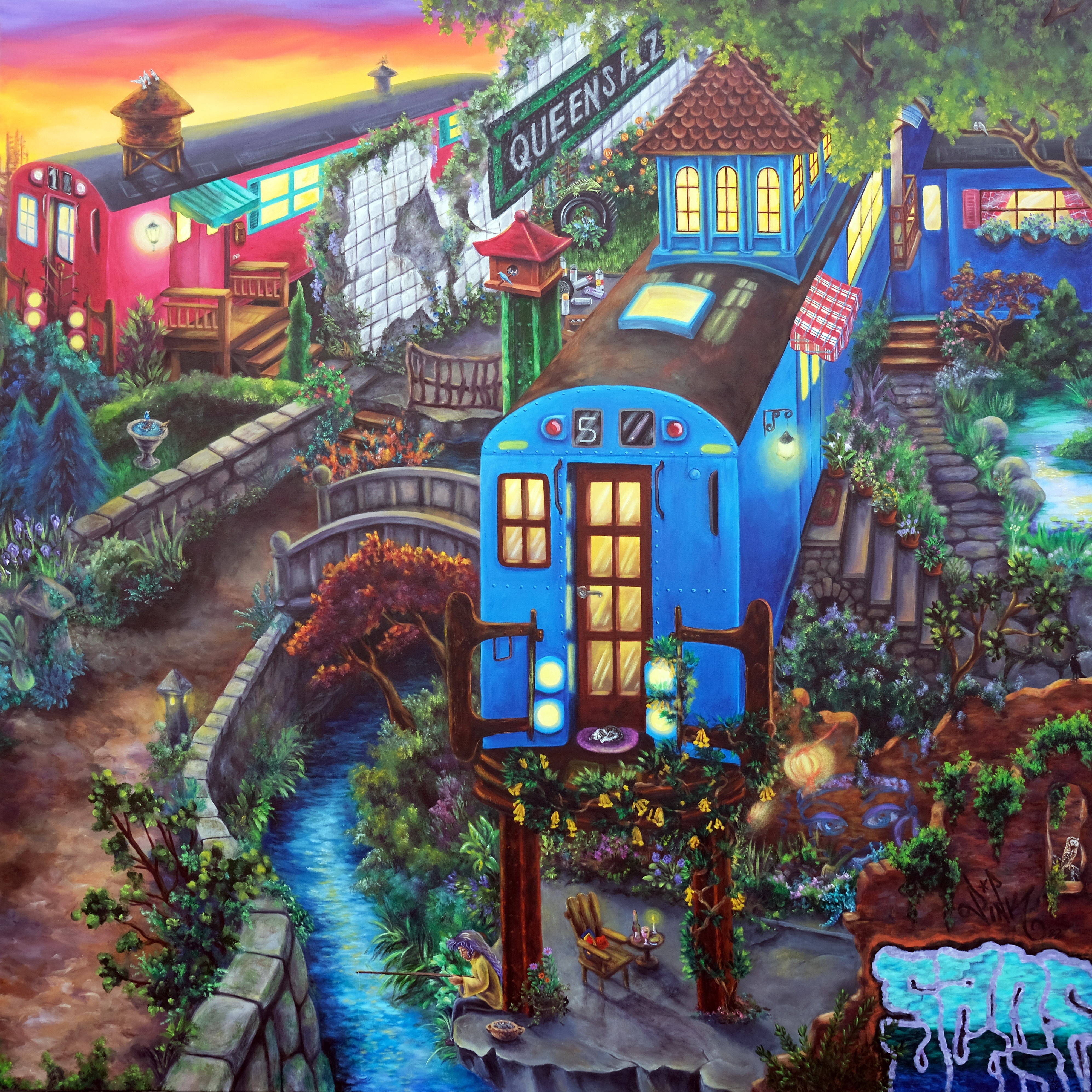 Colourful illustration of blue train at station with red buildings, stone bridge over stream, green trees, and orange-pink sunset sky.