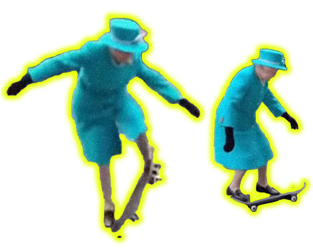 Two thermal imaging figures in blue and yellow against black background, showing people on skateboards with bright yellow outlines.
