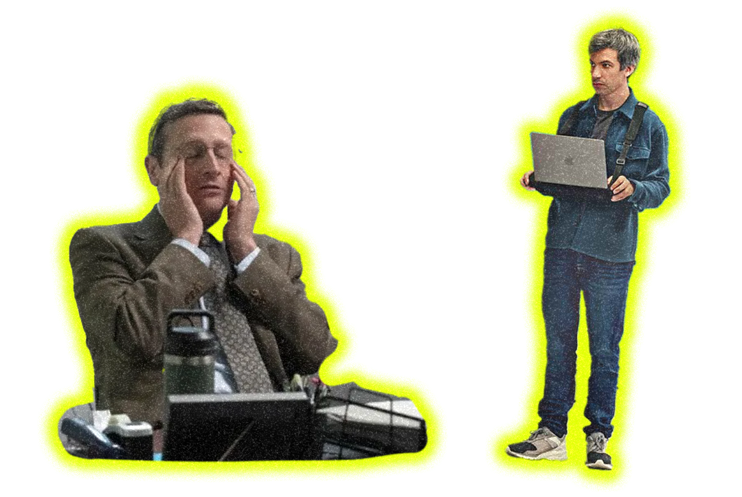 Two figures outlined in bright yellow against black background. Left: suited man at desk with hands on head. Right: casual man holding laptop.