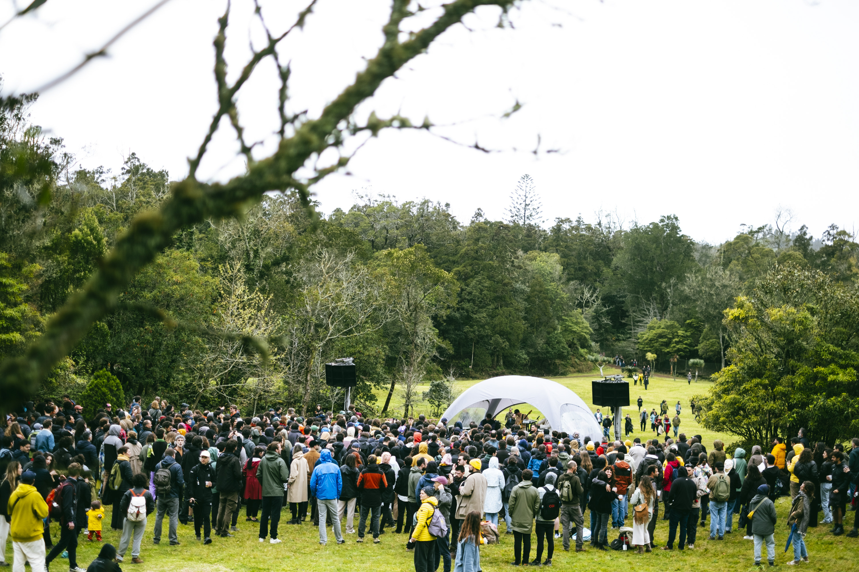 Outdoor event with large crowd gathered on grassy field surrounded by trees and foliage.
