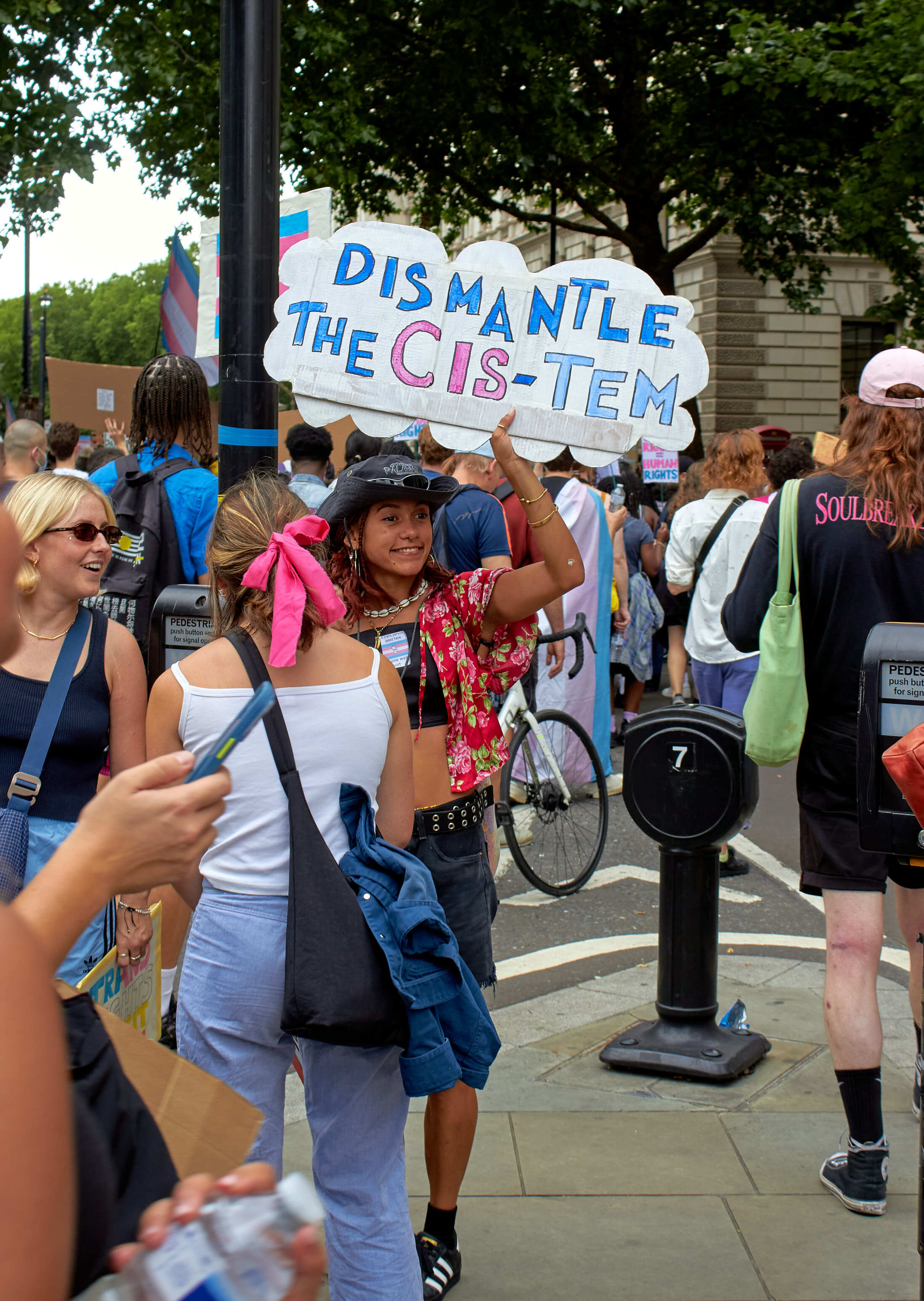 Woman at protest holding white placard with blue and pink text reading "DISMANTLE THE CIS-TEM" amongst crowd on street.