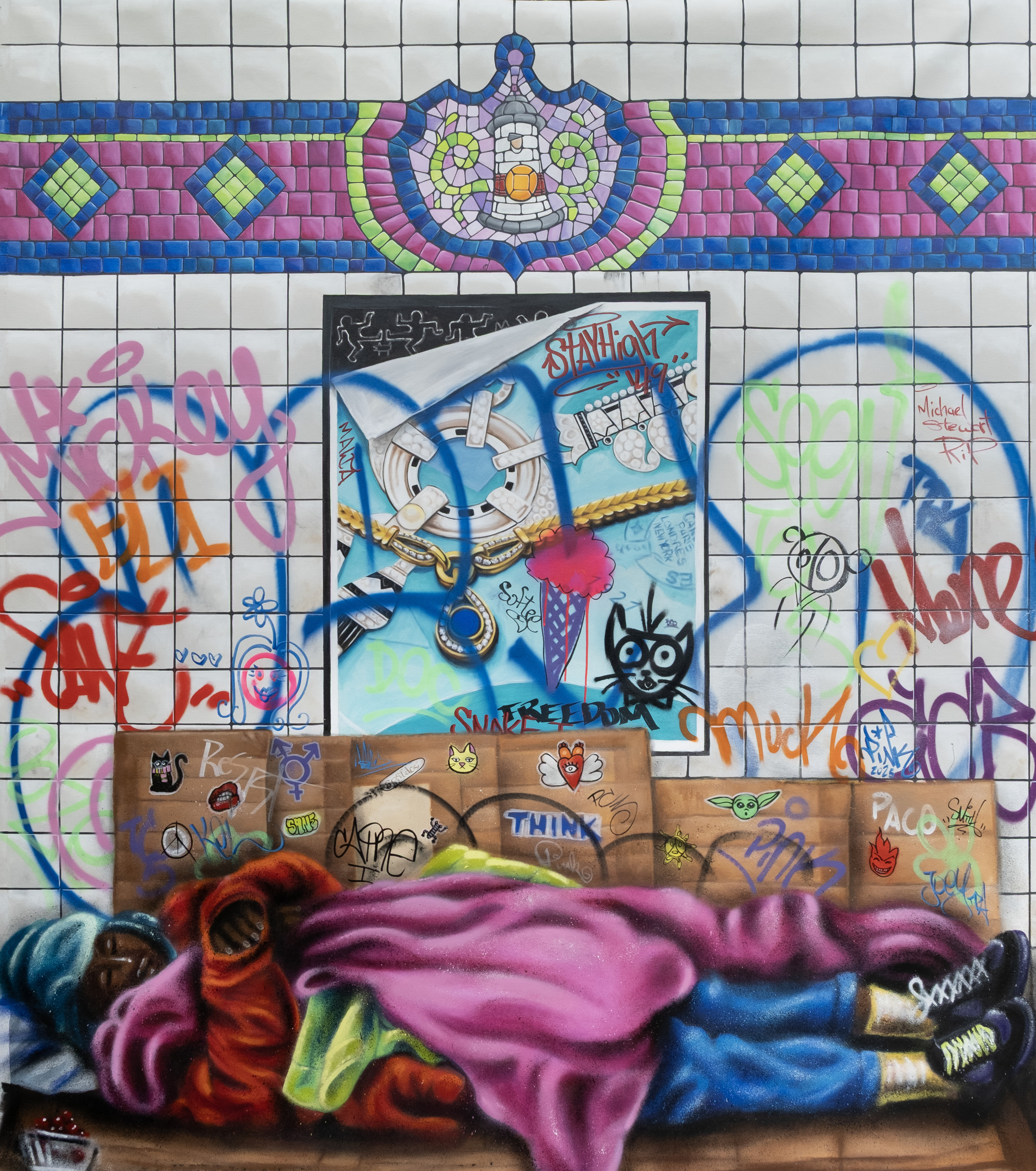 White tiled wall with colourful mosaic border featuring geometric patterns. Below, graffiti tags and sleeping figure in pink and blue clothing.