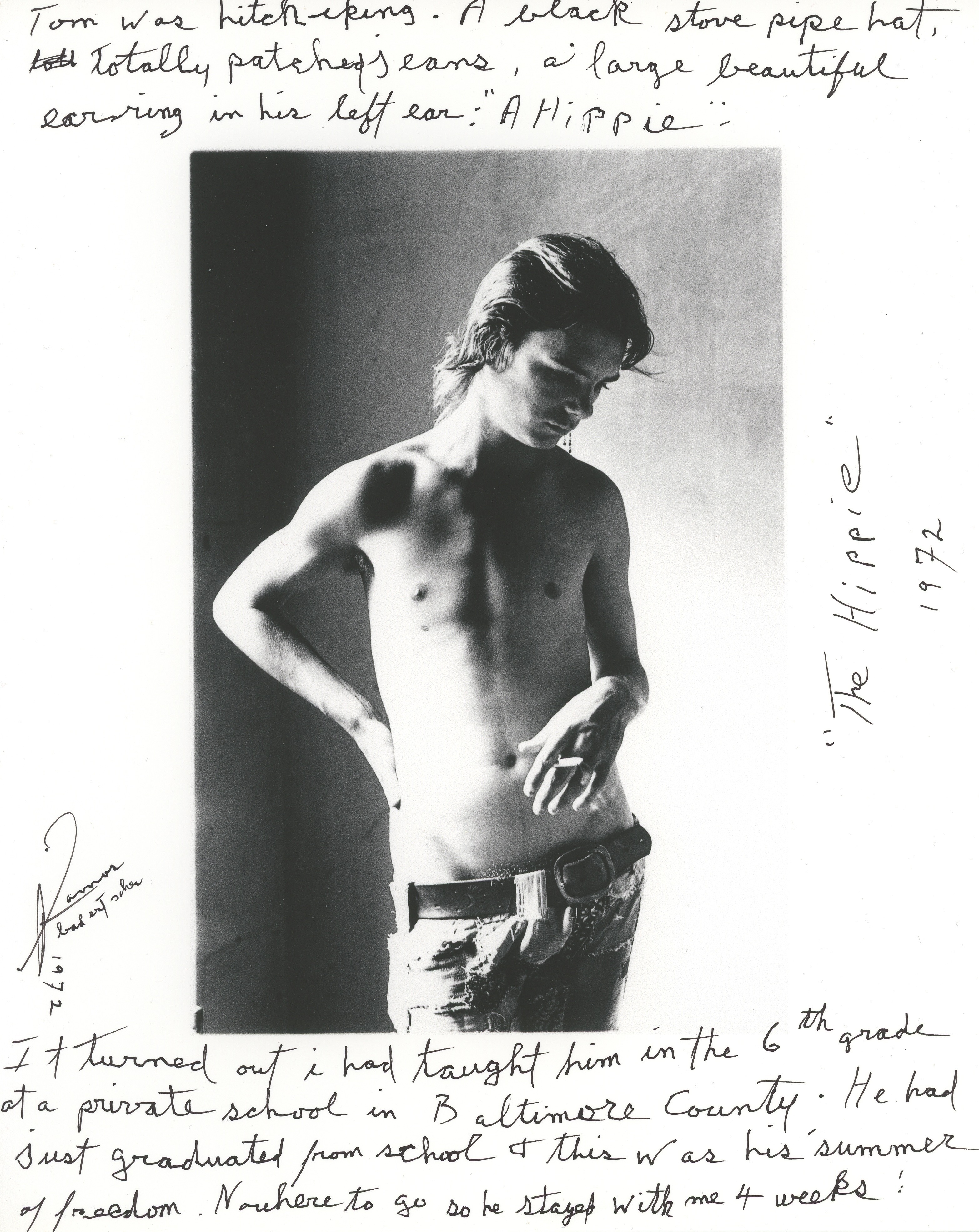 Black and white portrait of shirtless young man with dark hair, hand on hip, surrounded by handwritten notes on white paper.