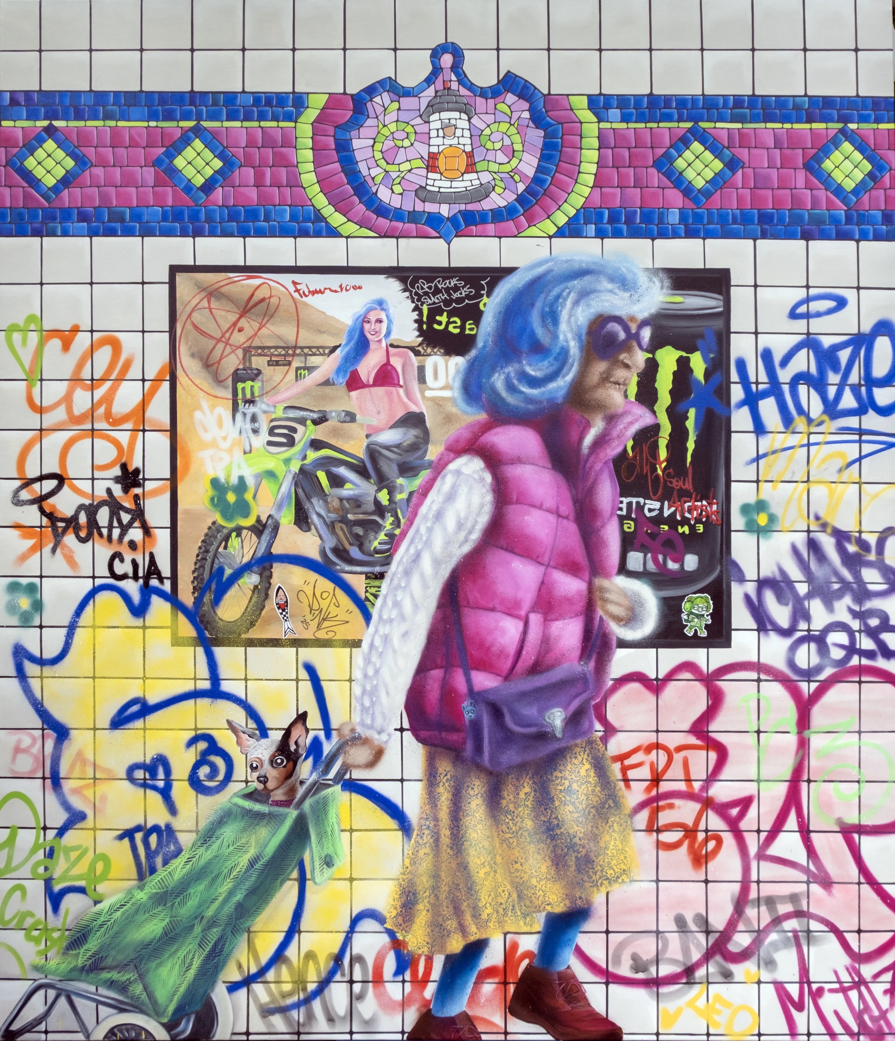 Colourful graffiti on white tiled wall featuring figure in pink jacket with blue hair, decorative mosaic border, and various tags in multiple colours.