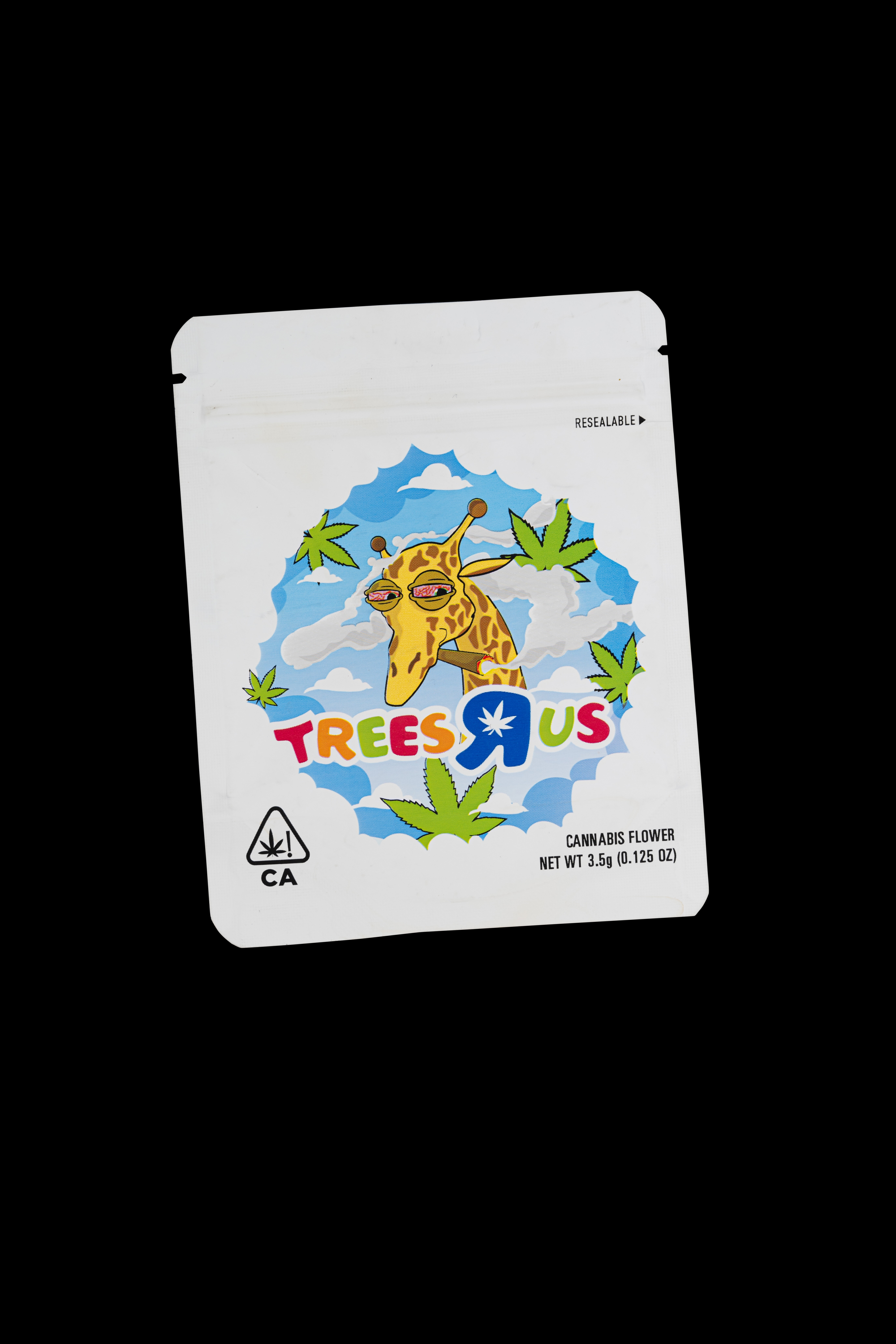 Colourful cannabis flower packaging depicting a giraffe with sunglasses surrounded by maple leaves against a cloudy sky background.