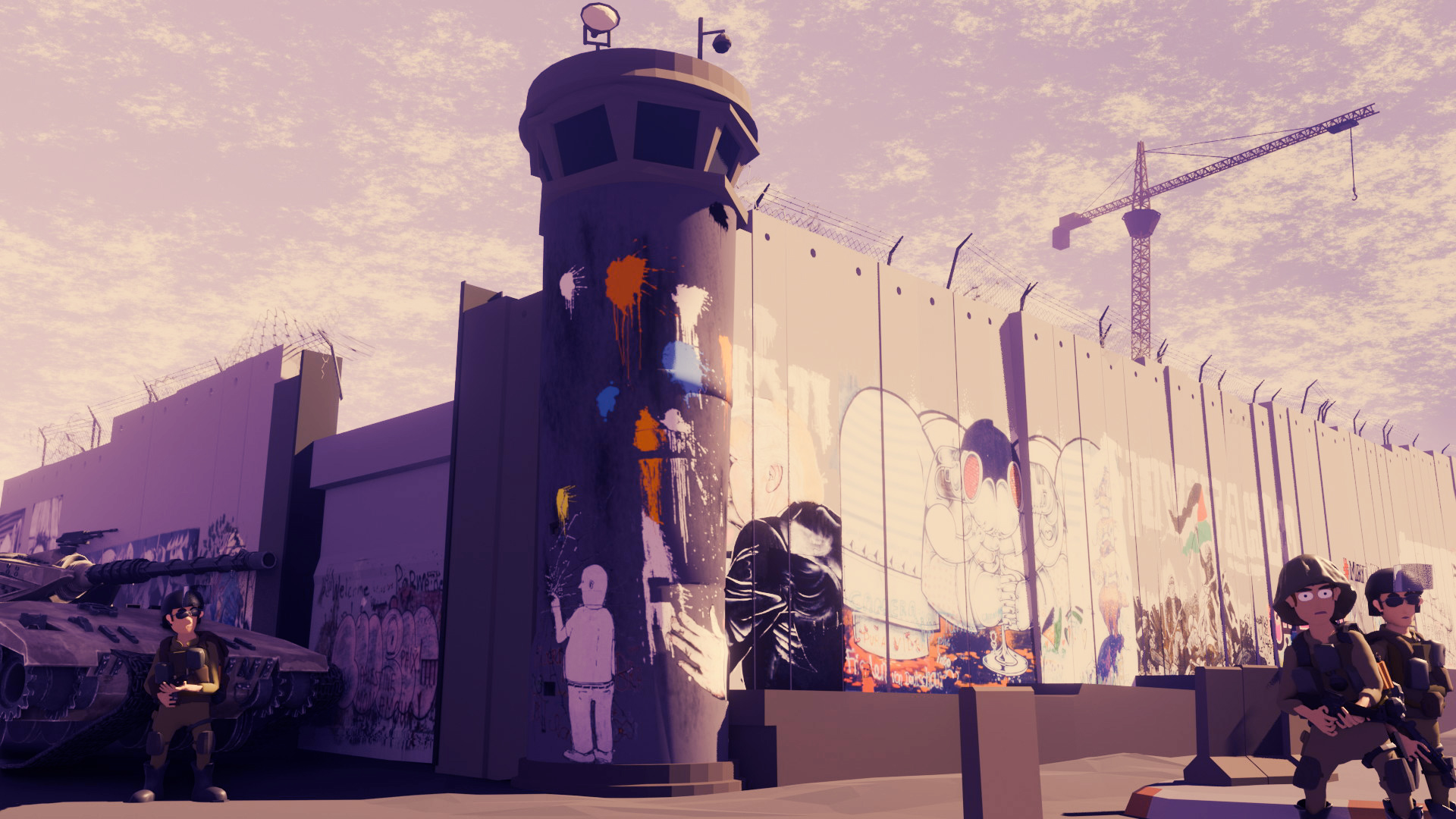 Digital illustration showing purple watchtower, concrete wall, uniformed figures in foreground against pink-purple sky with construction crane.