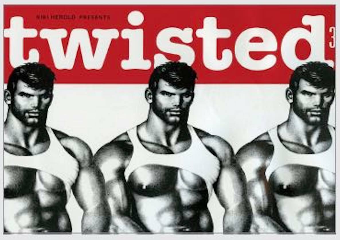 Three muscular, shirtless men in a black and white photo against a red background with the text "Twisted" in large white letters.