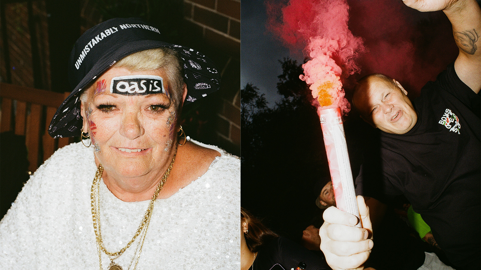 Two people in casual clothing with caps and chains; one holds a white flare emitting bright pink smoke against dark background.