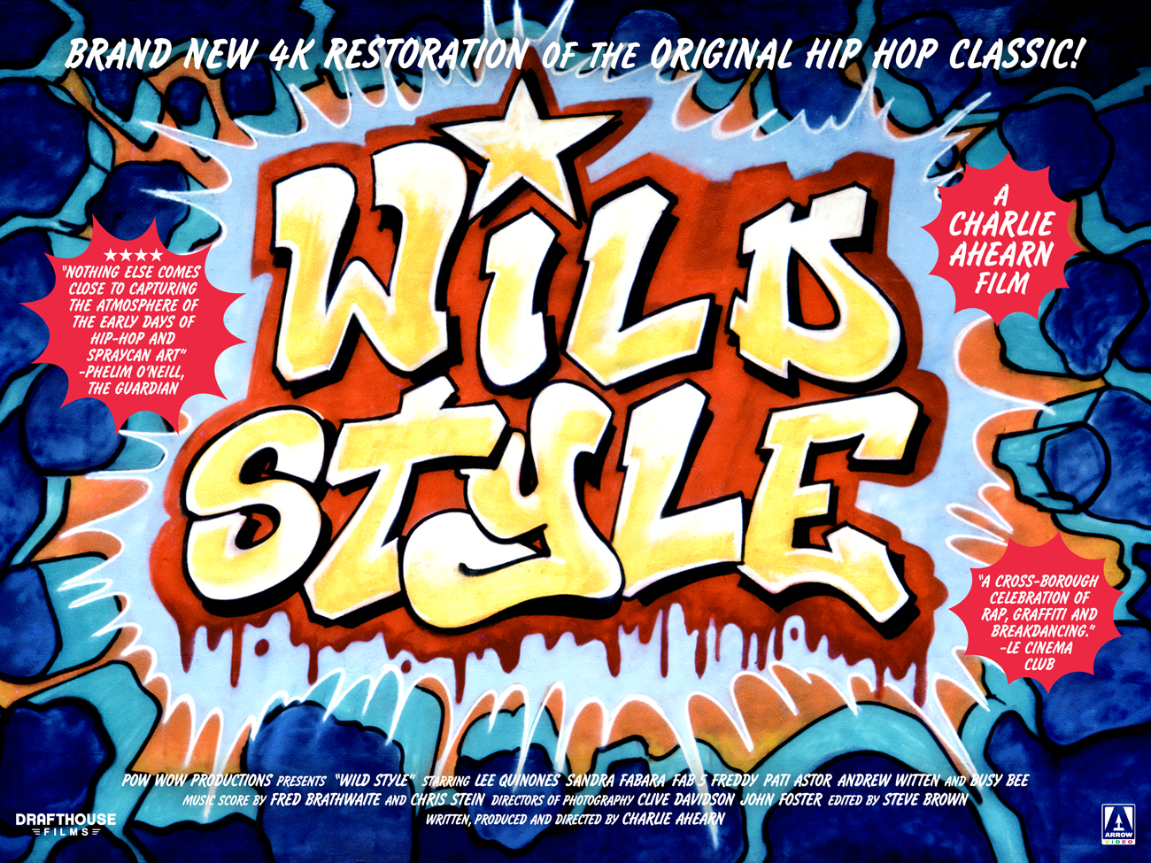 Film poster with "WILD STYLE" in large yellow bubble letters on red background, surrounded by blue and white graffiti elements.