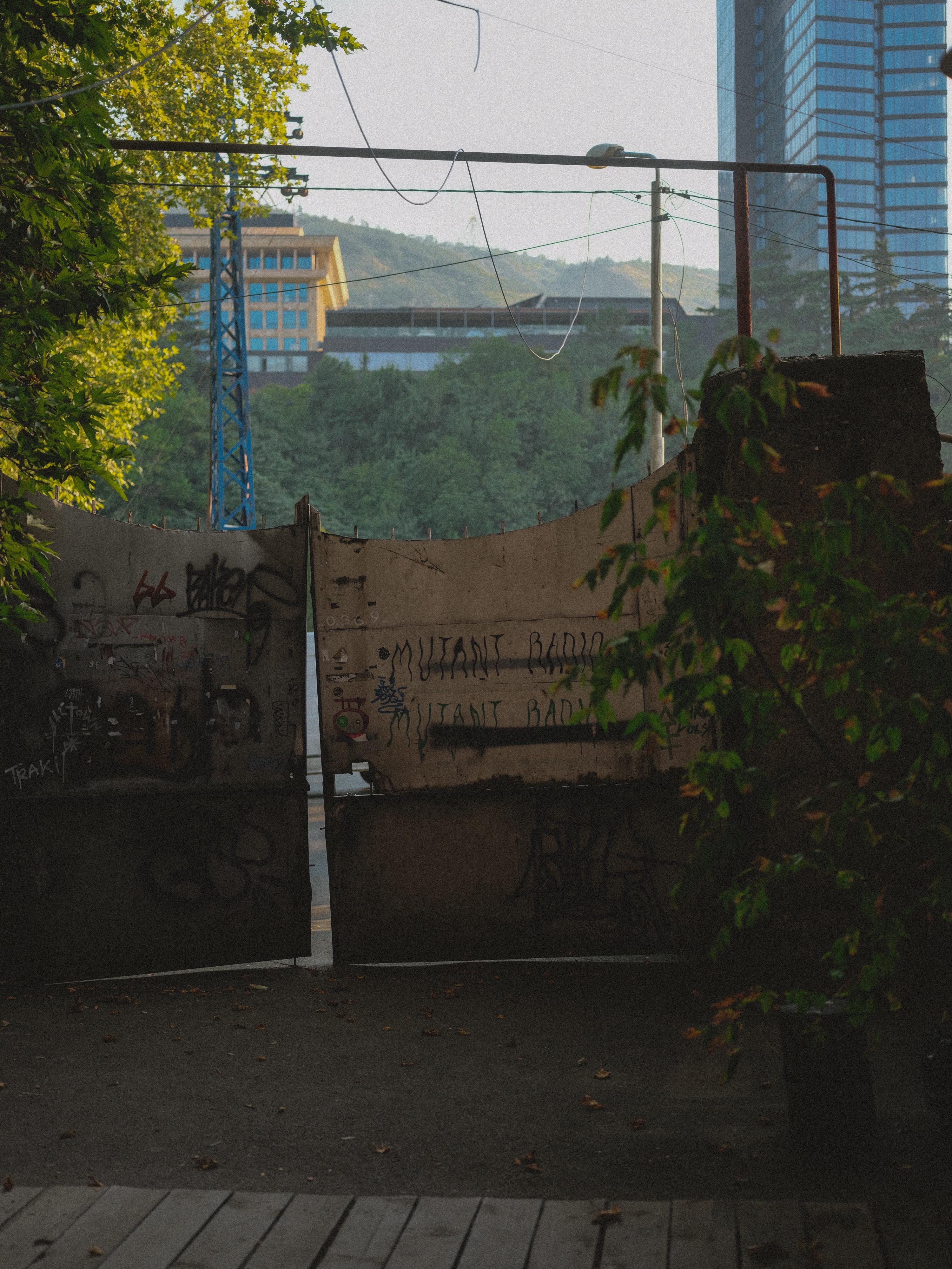 Urban street scene with overgrown vegetation, power lines, weathered wall with faded text, and modern blue glass building in background.