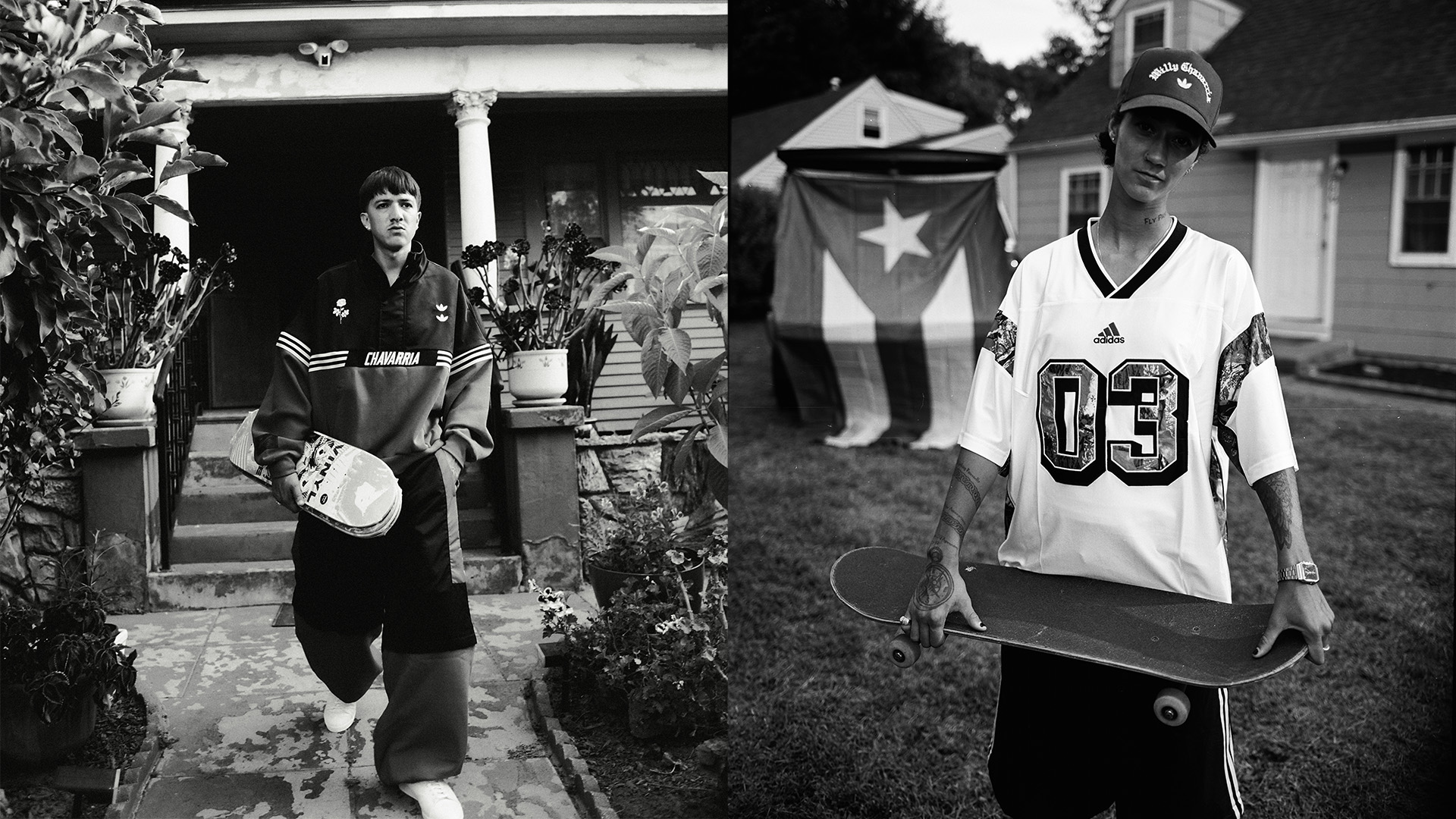 Two black and white images side by side: left shows person in dark uniform holding helmet by house entrance; right shows person in sports jersey numbered 03 with flag backdrop.