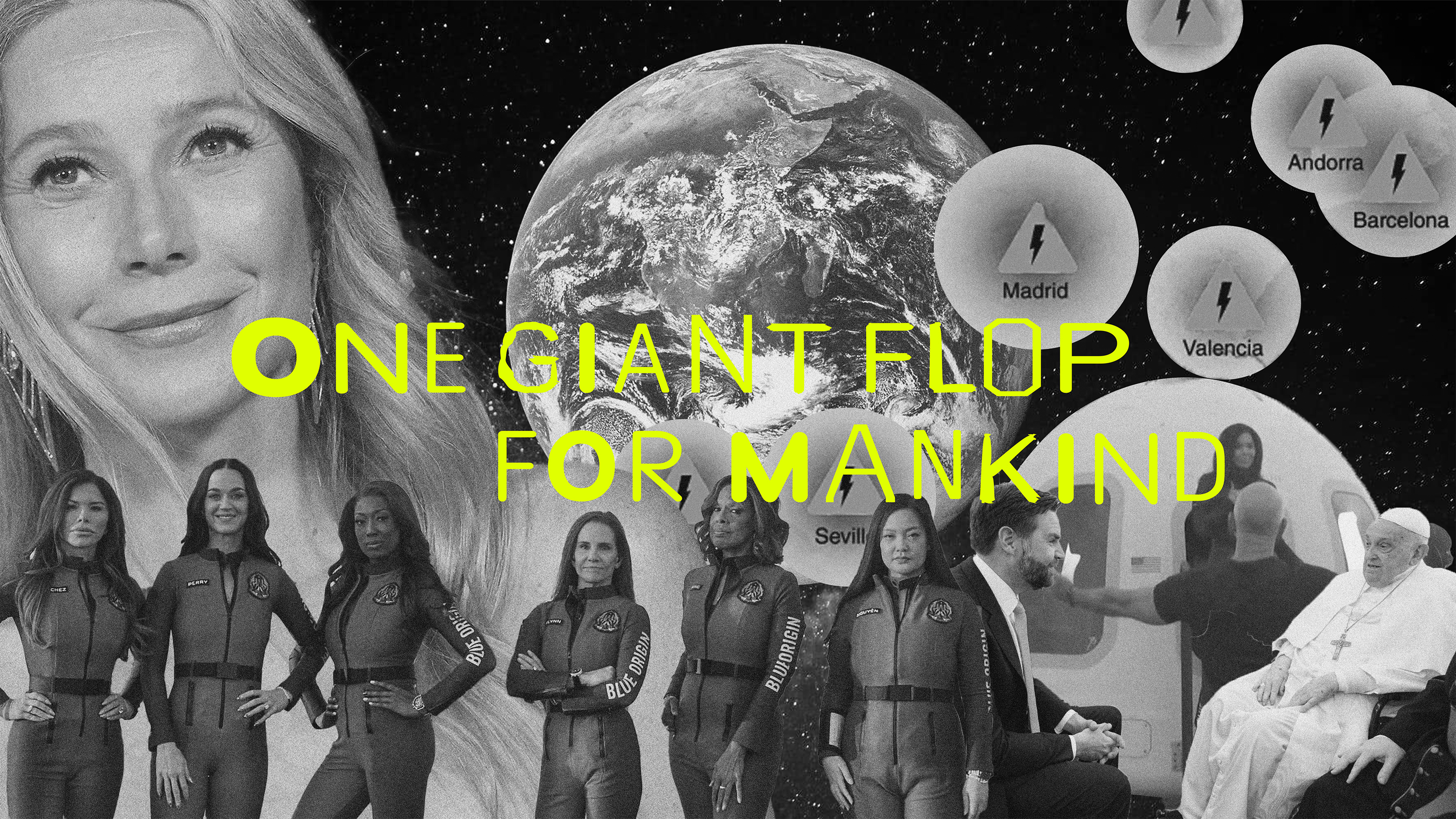 A collage depicting a giant flup for mankind, with an image of the Earth surrounded by planets and people in sci-fi costumes.