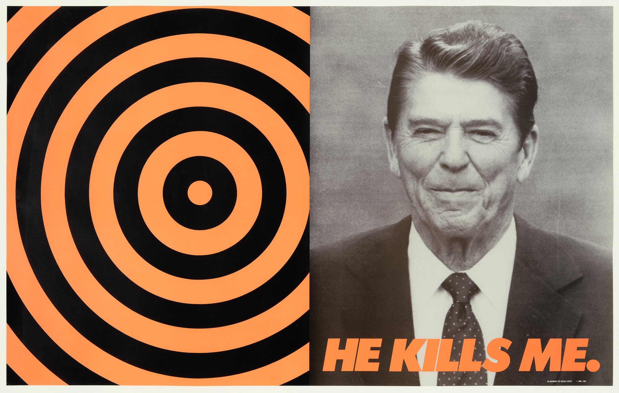 Concentric orange and black circles against a greyscale photo of a man's face with the text "HE KILLS ME."