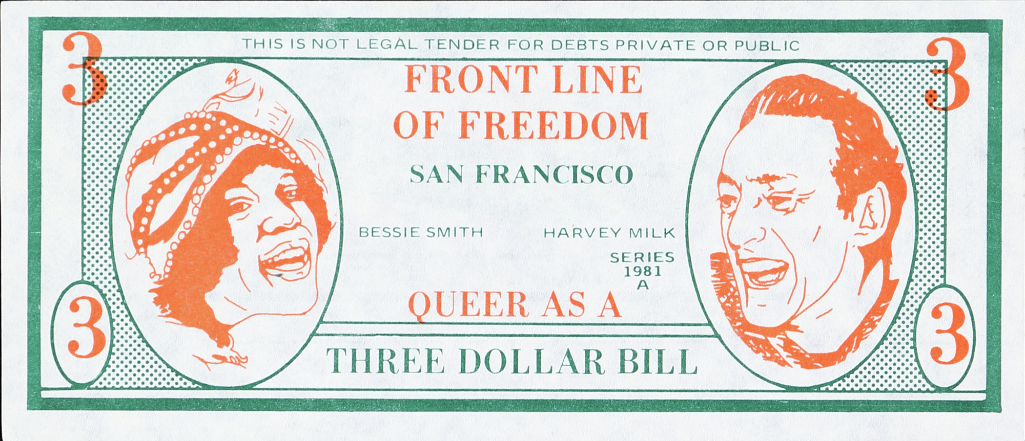 Front line of freedom: Colourful comic-style illustration with portraits of Bessie Smith and Harvey Milk on a $3 bill.
