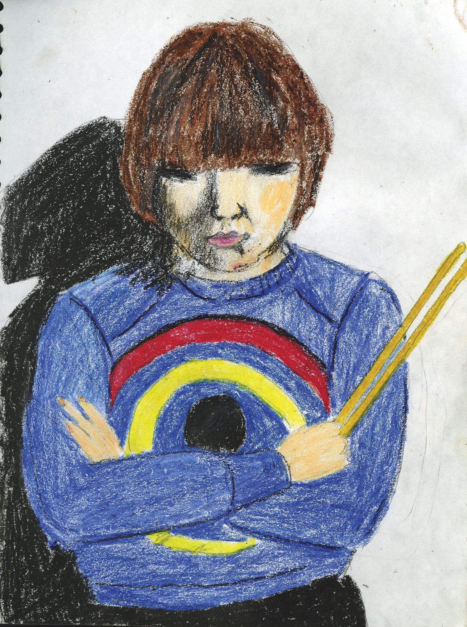 Child's drawing of a young person wearing a blue jumper with a rainbow motif, holding pencils.
