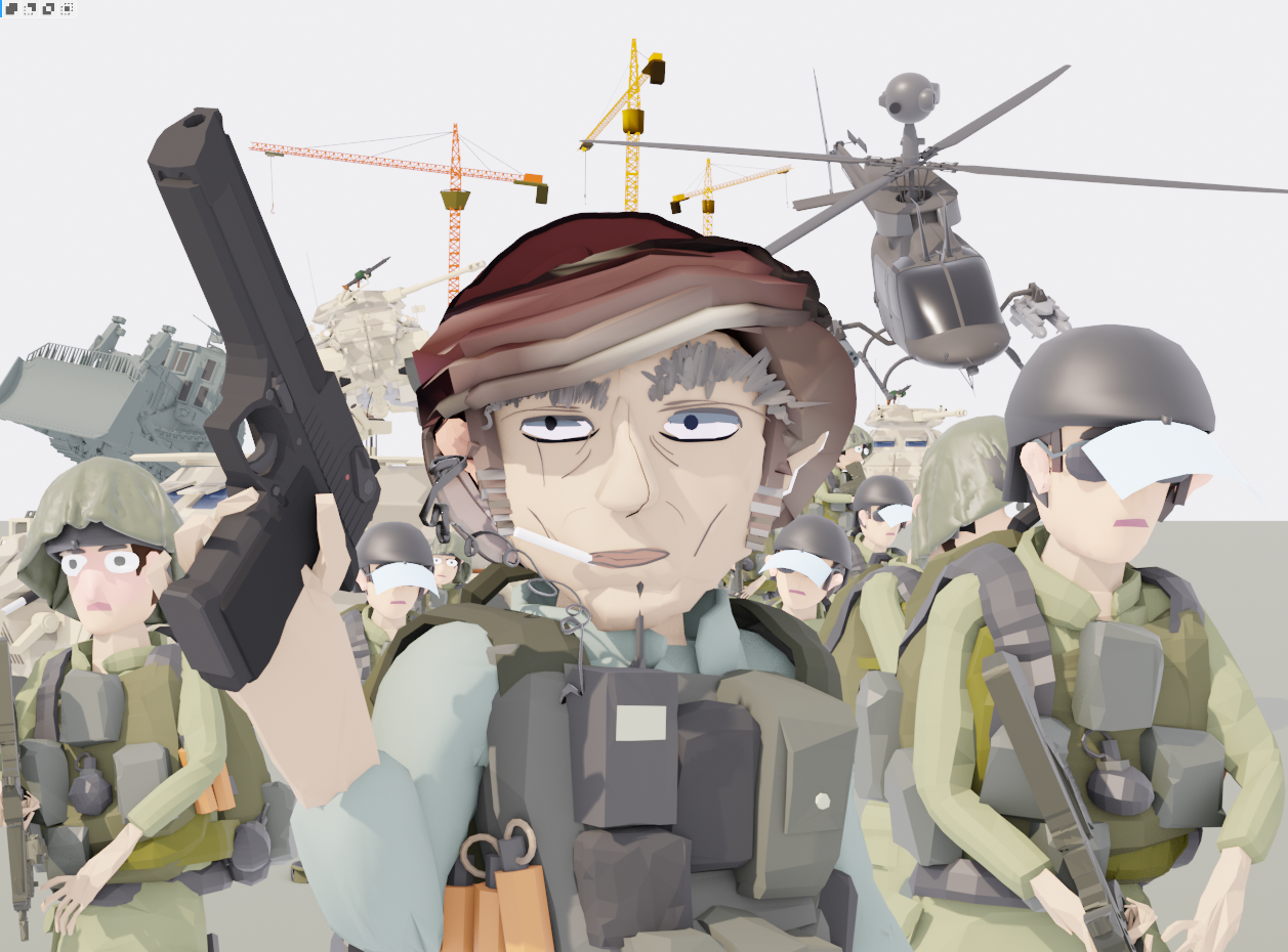 Animated illustration of soldiers in olive and brown military gear holding weapons, with helicopter in grey sky background.