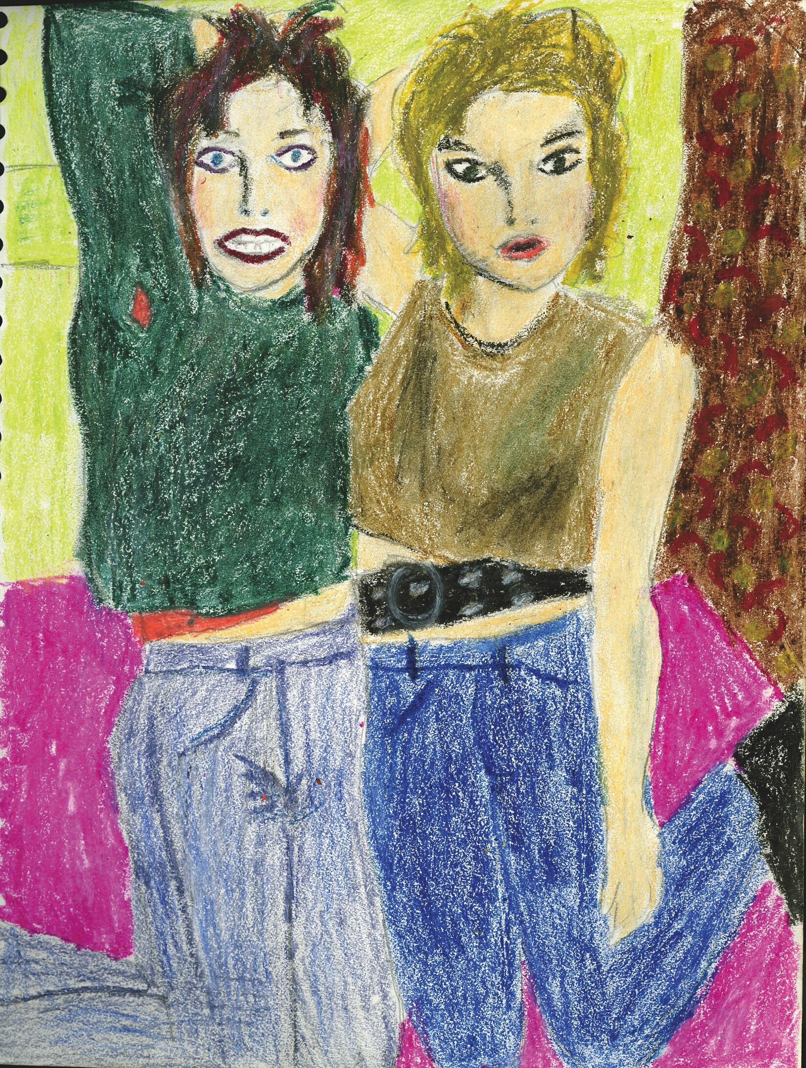Colourful illustration depicting two female figures, one with dark hair and one with blonde hair, wearing casual clothing including jeans and tops. The figures are drawn in a stylised manner using bold brushstrokes and vibrant colours.