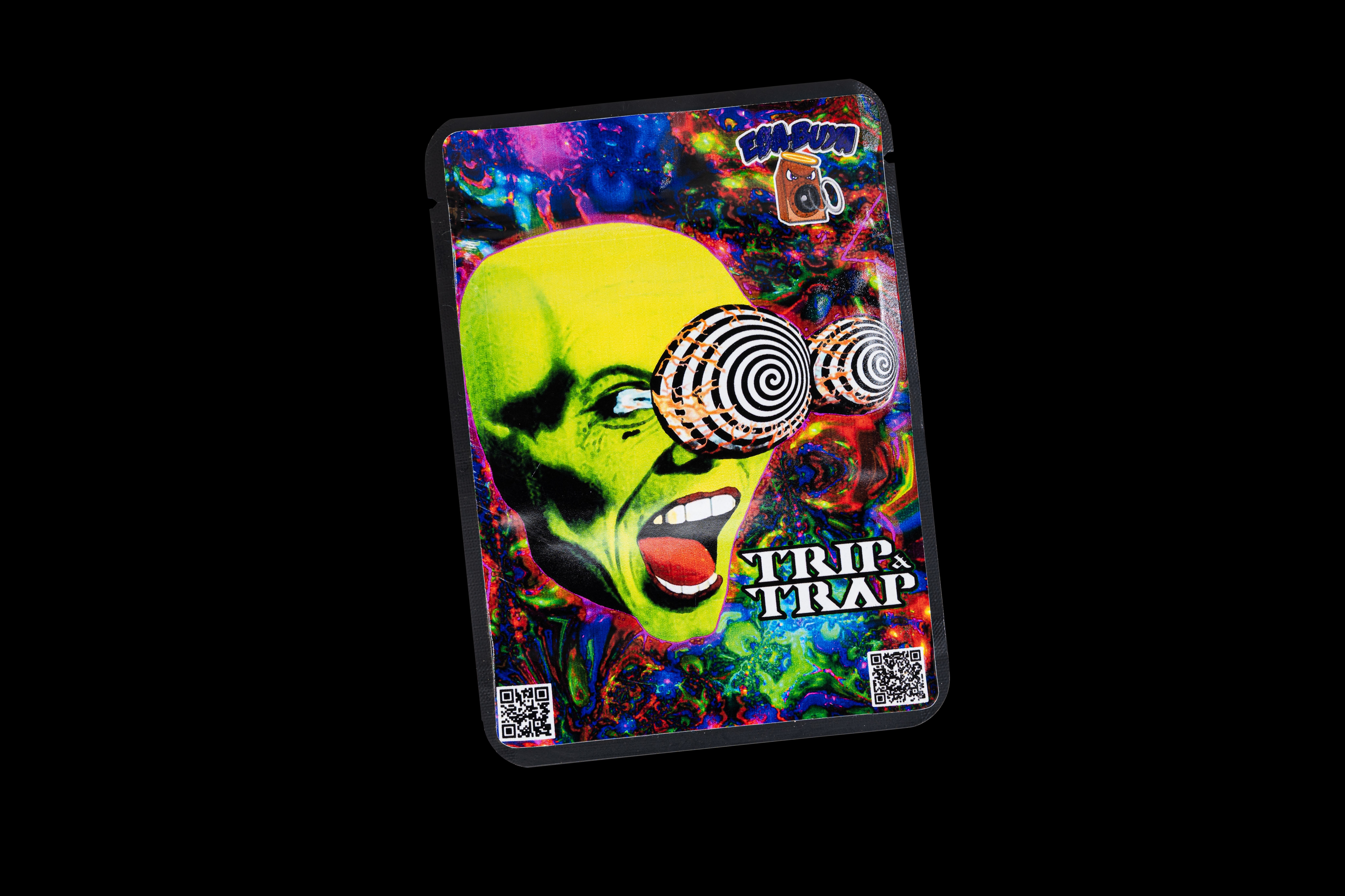 Garish playing card depicting a distorted green alien face with hypnotic spiral eyes against a vibrant, psychedelic background.