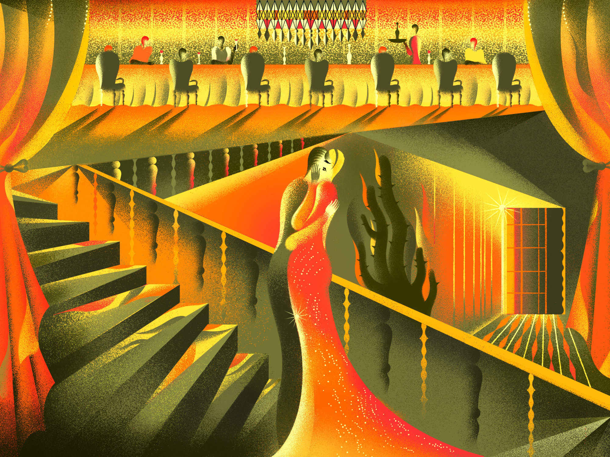 Surreal illustration depicting abstract figures on a staircase, surrounded by vibrant orange and yellow hues. Geometric shapes, patterns, and forms dominate the composition.