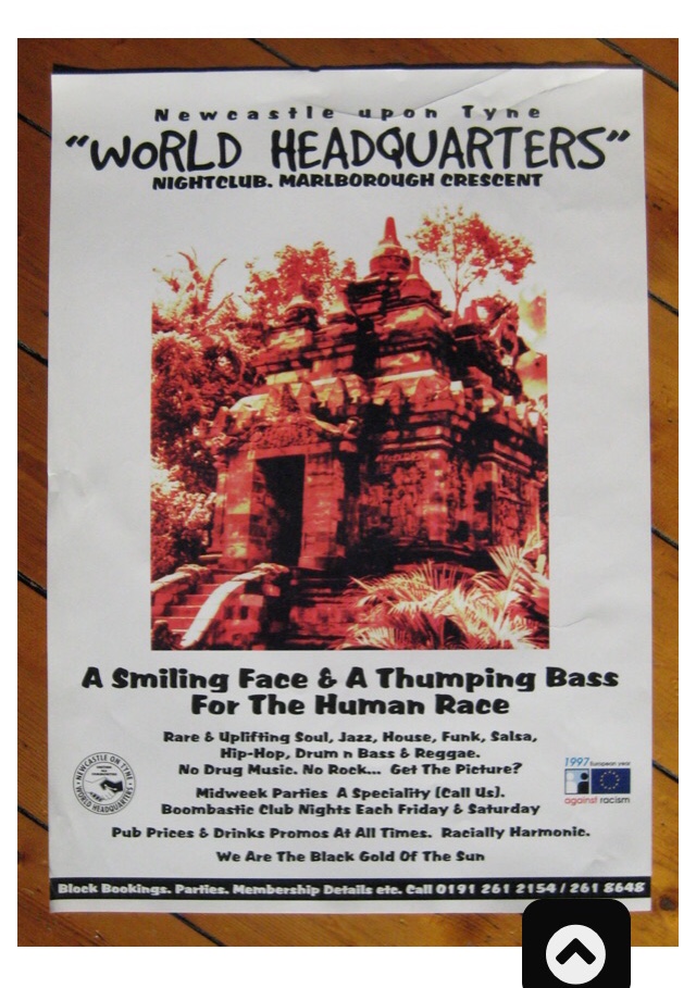 White poster with black text advertising Newcastle upon Tyne nightclub "World Headquarters". Features red-tinted building image in centre.