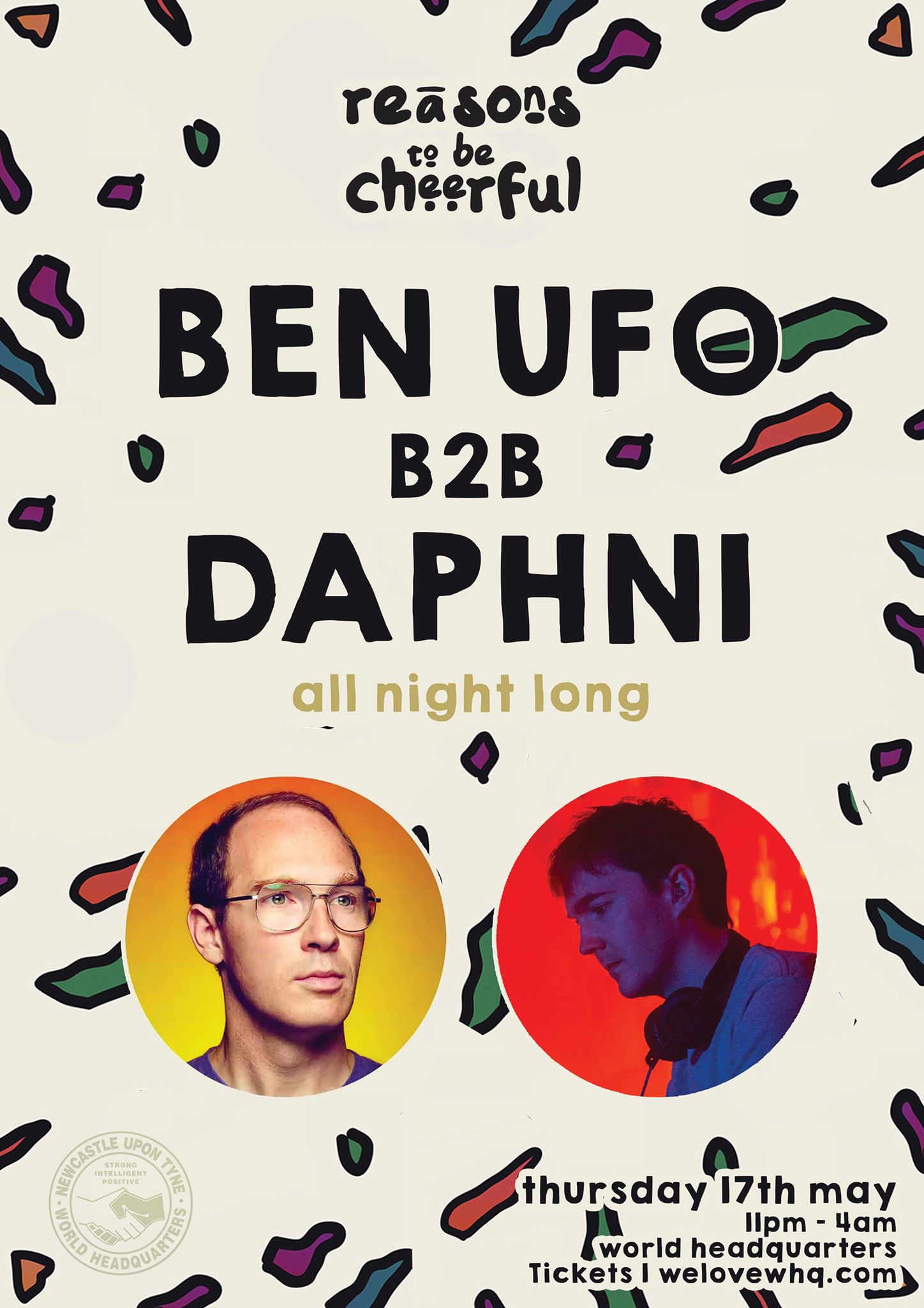 Event poster with scattered colourful shapes on cream background. Two circular photos of DJs below black text. Yellow and red gradient circles frame the portraits.