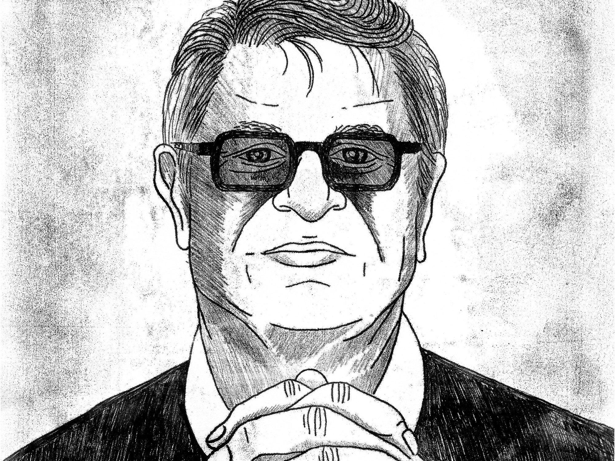 Black ink drawing of man with dark-rimmed glasses and suit jacket, hands clasped, on beige textured background.