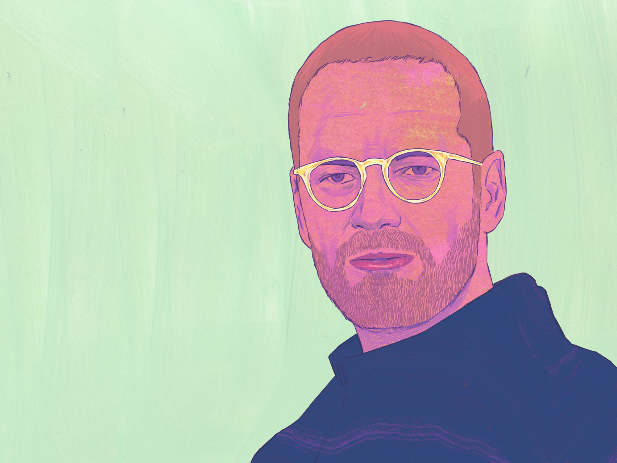 Stylised portrait illustration with pink and purple tones on pale green background. Figure wears yellow glasses and dark blue top.