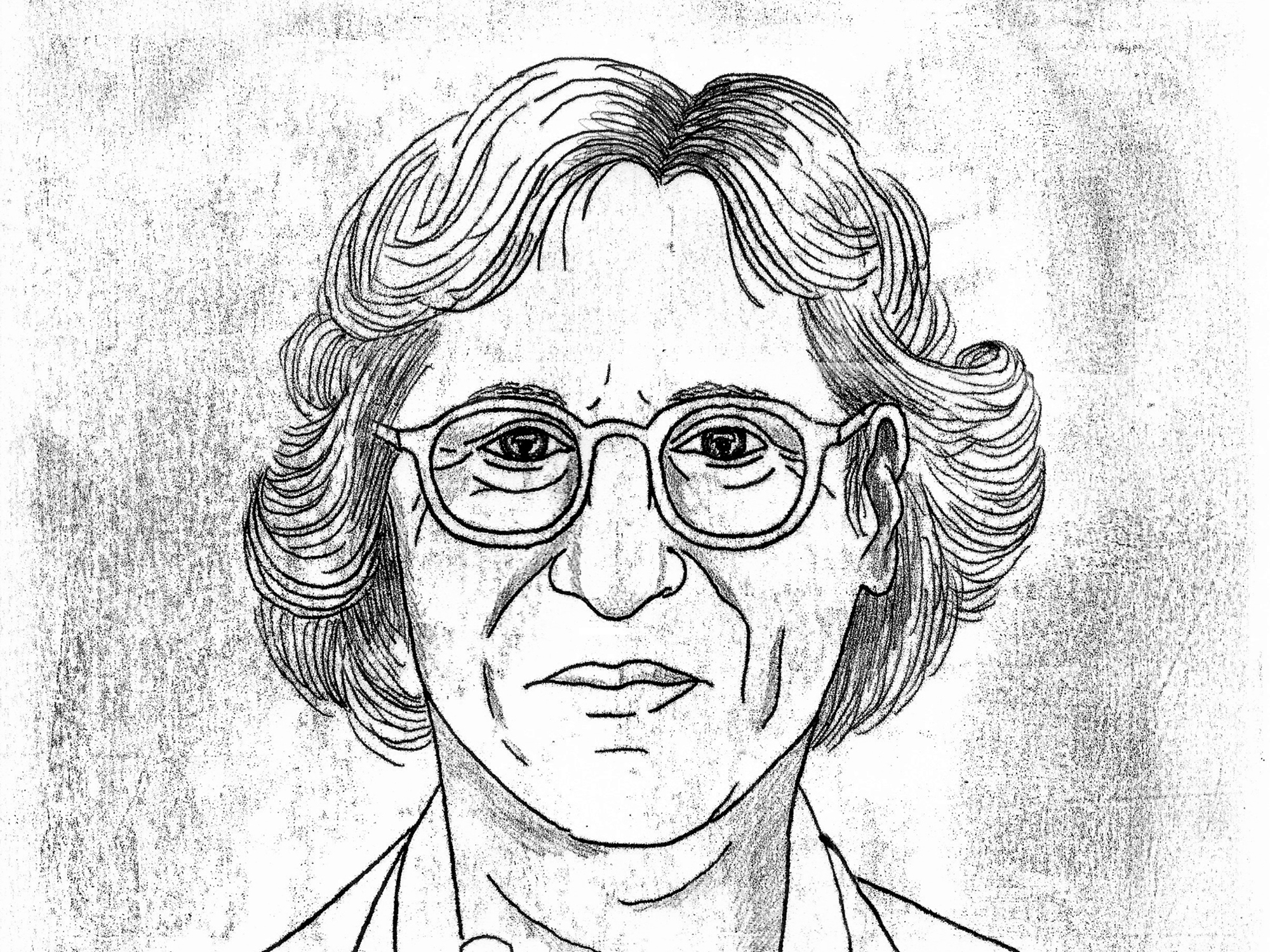 Black and white line drawing of a person with wavy shoulder-length hair, round spectacles, and gentle facial features on textured background.