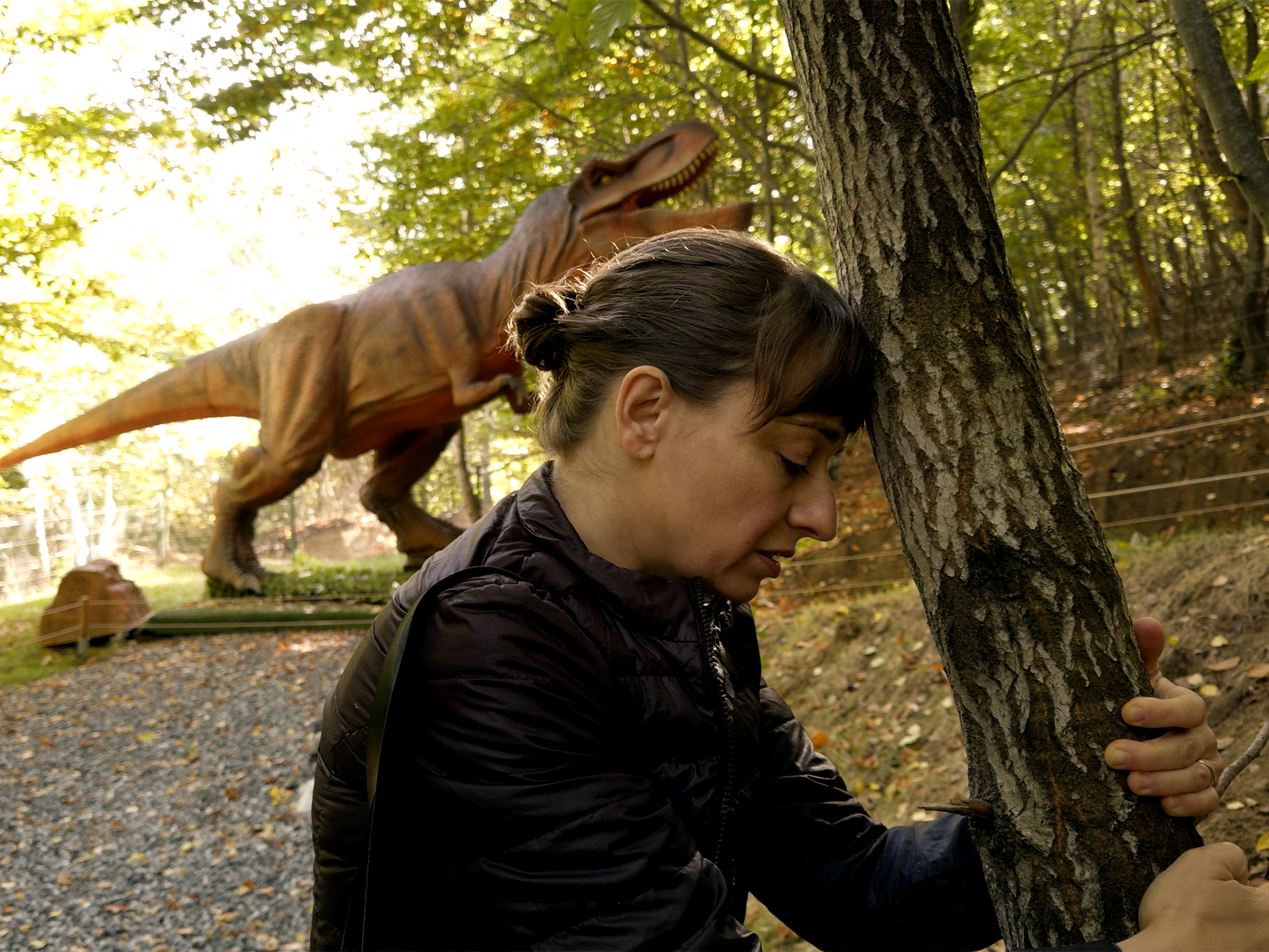 Woman in dark jacket crouching by tree trunk with large dinosaur sculpture visible behind her in wooded park setting.
