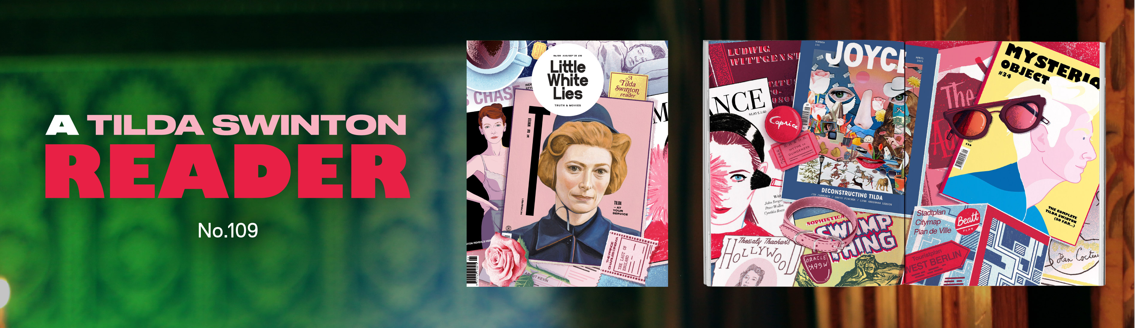 Magazine rack displaying various publications including A Tilda Swinton Reader No.109 with green cover and scattered colourful magazines.