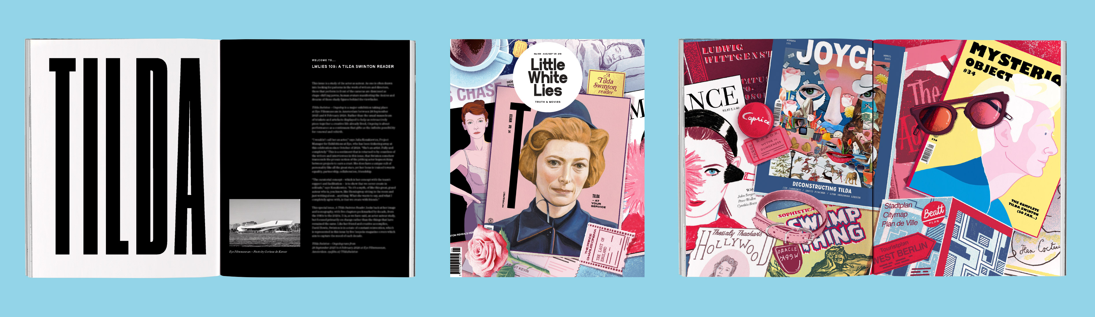 Four magazine spreads on light blue background: black and white striped design with text, portrait layout with pink elements, and two colourful collages featuring various graphics and text.