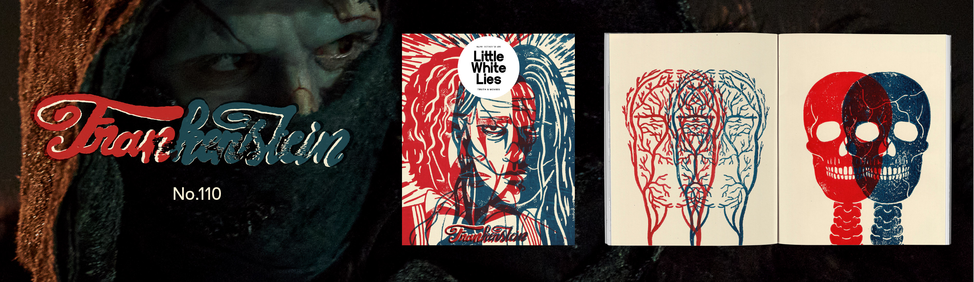 Dark green magazine cover with red script text "No.110" beside three small illustrations: red/blue figure, geometric brain outlines, red/blue skull design.