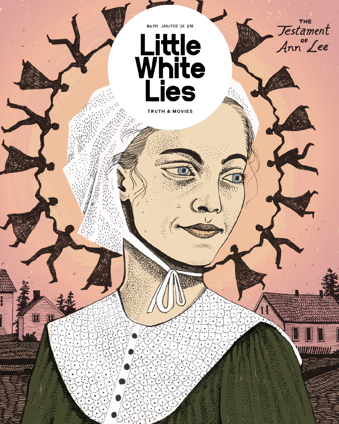 Magazine cover with illustrated woman in white bonnet and green dress against pink sky with black birds. Village houses below. "Little White Lies" title in white circle.