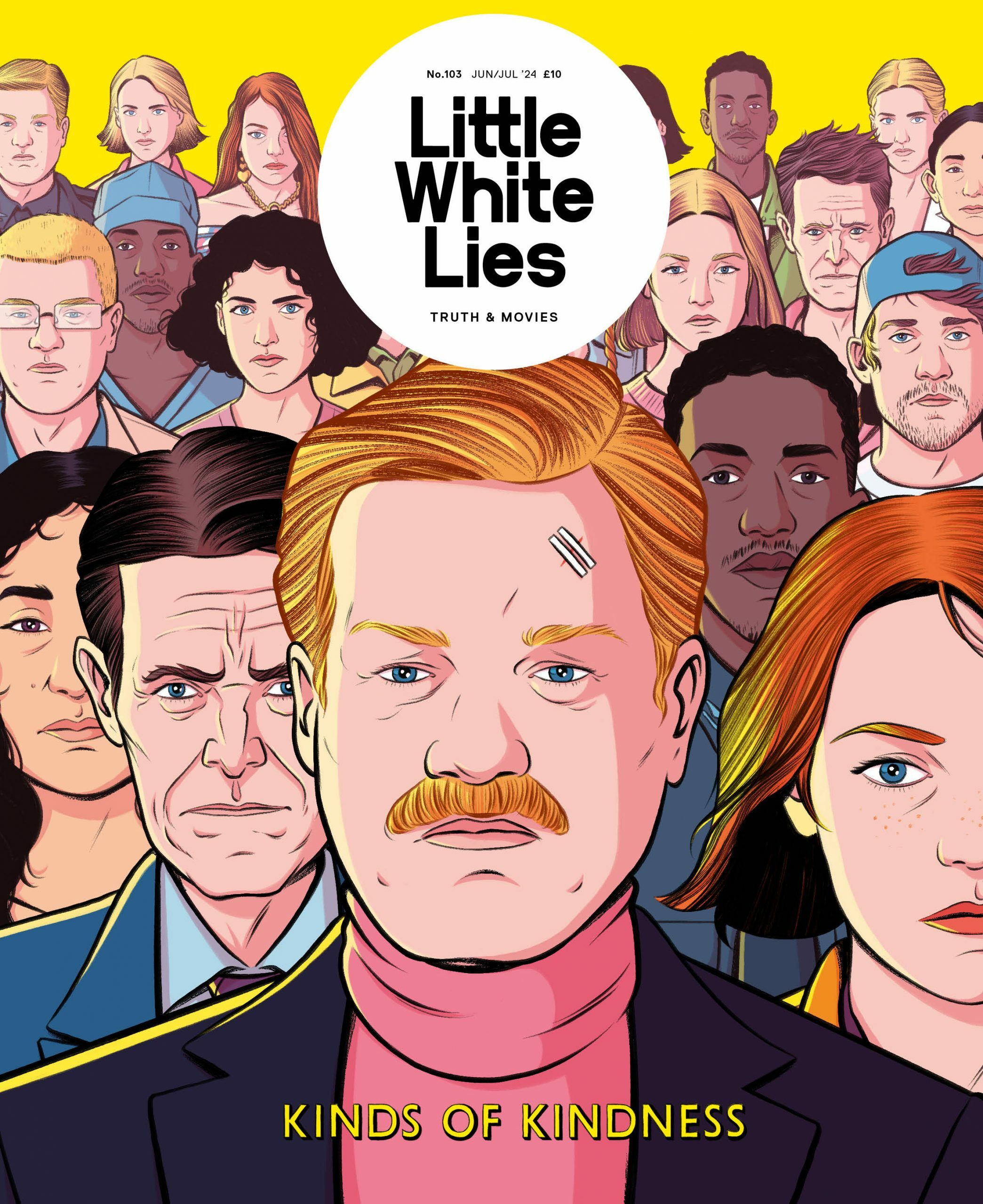 Vibrant comic-style illustration featuring diverse faces, with a central figure in a pink suit against a yellow background.