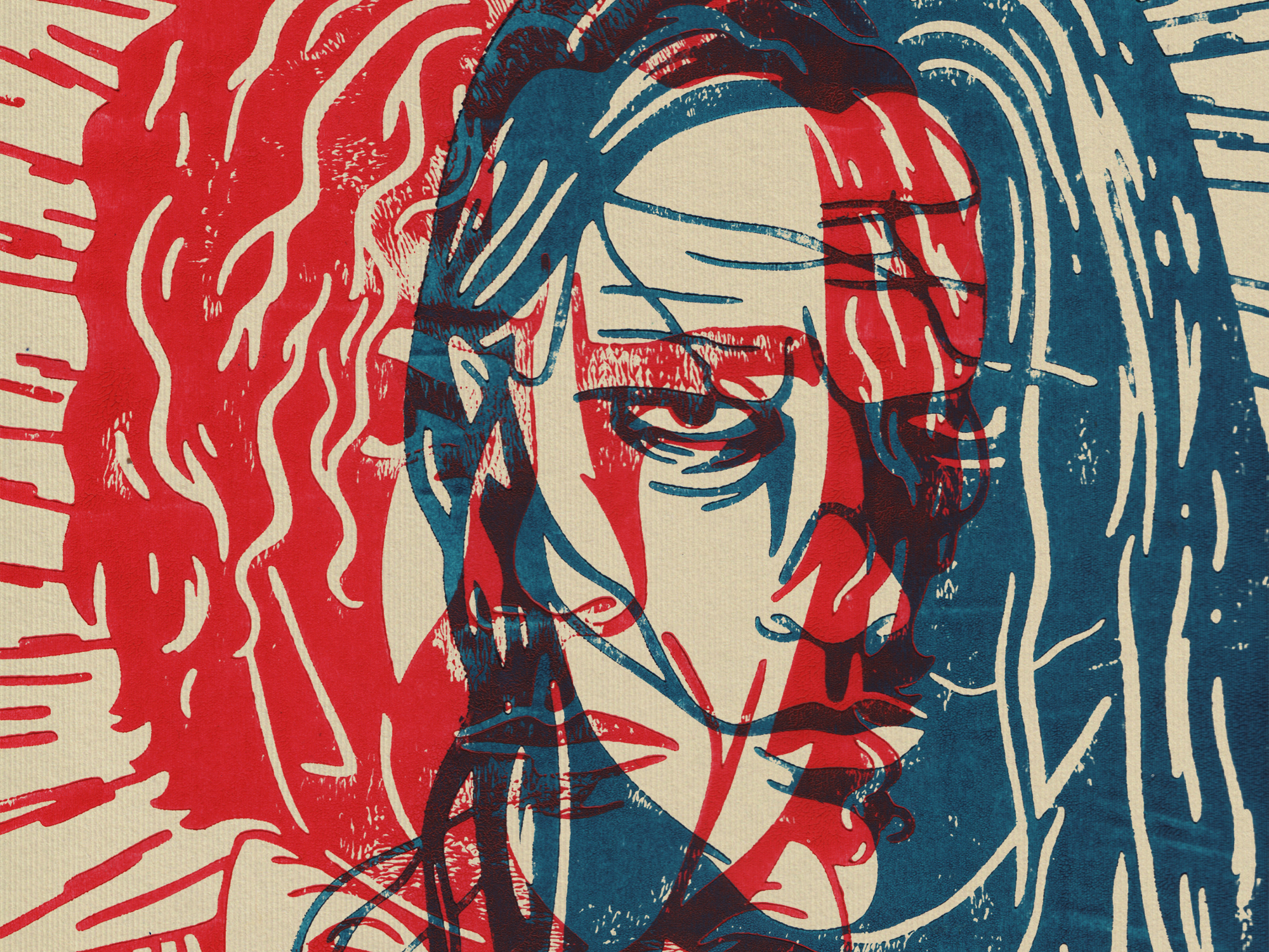 Stylised portrait print in red, blue and cream with bold linear strokes and overlapping colours creating layered facial features.