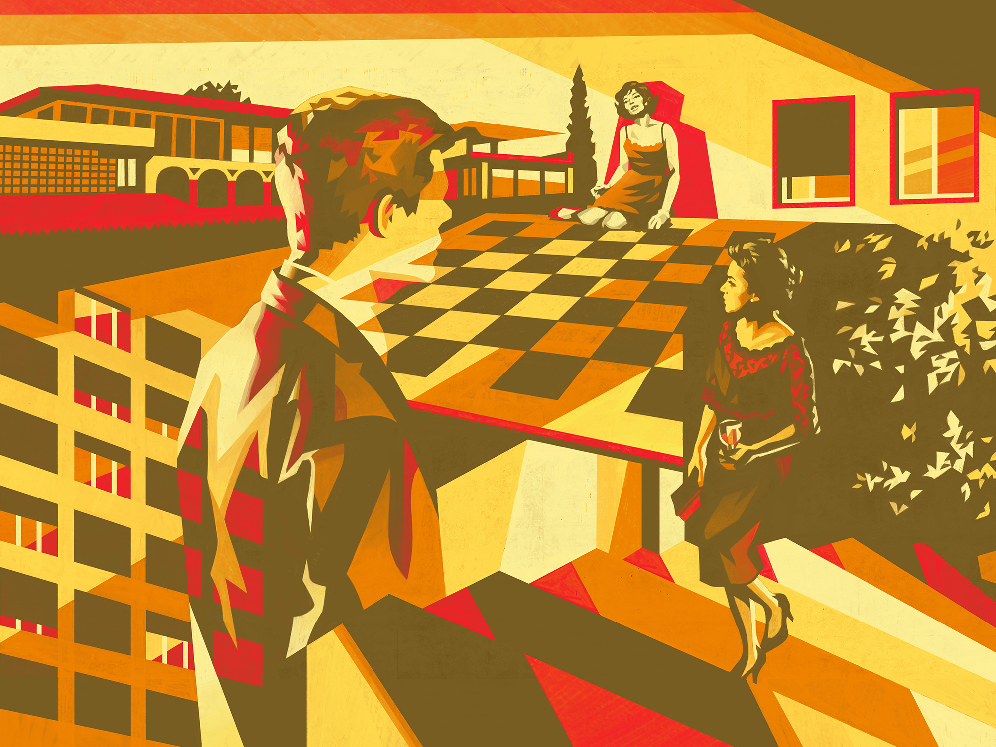 A geometric illustration with bold, warm colours - oranges, reds and browns. Figures are depicted in angular shapes against a checkerboard floor and abstract architectural structures.