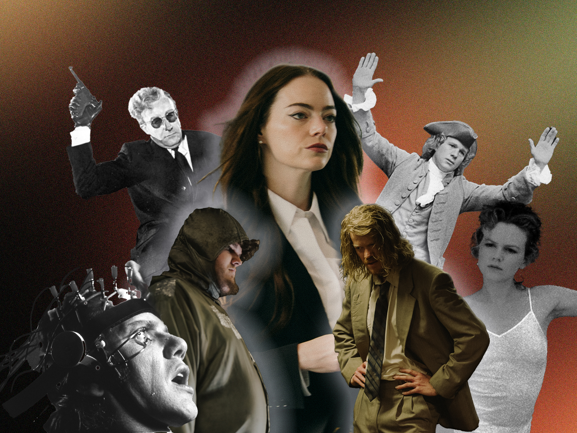 Collage featuring central woman with dark hair in suit jacket, surrounded by various figures including performers and characters against orange-brown gradient background.